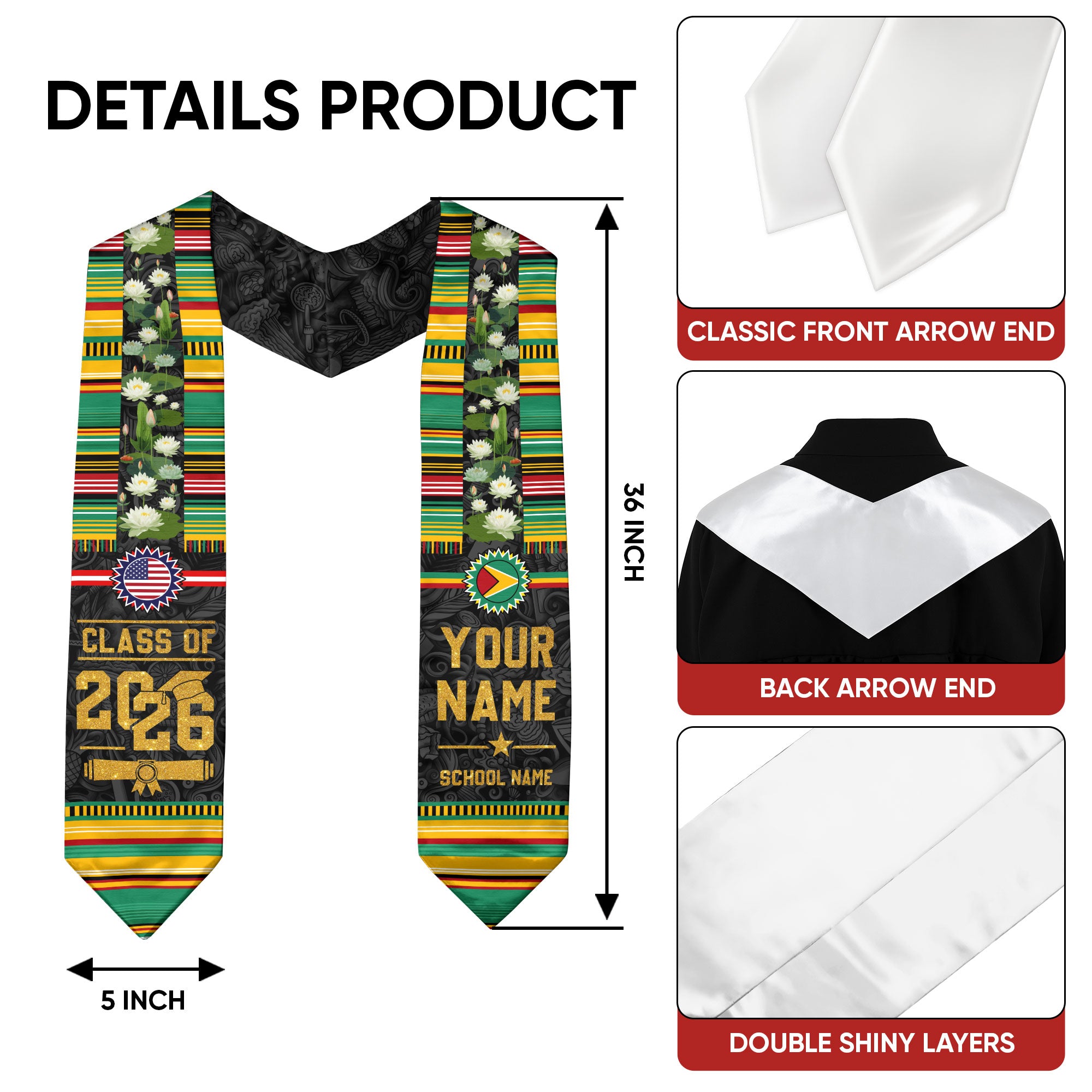 Guyana Flag Graduation Stole 2026, Guyana Stole Sash, Custom Grad Sash Class of 2026