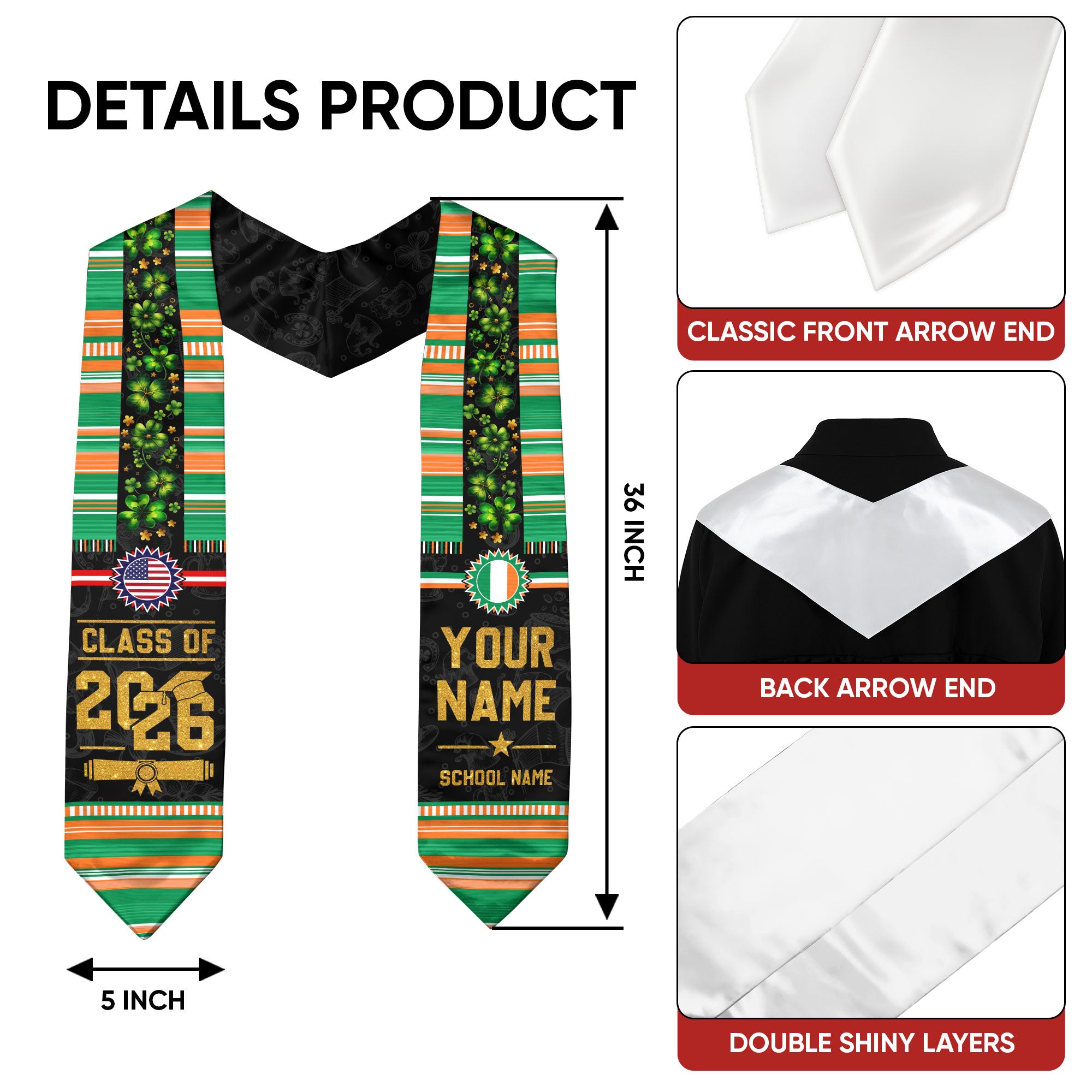 Ireland Flag Graduation Stole 2026, Ireland Stole Sash, Custom Grad Sash Class of 2026