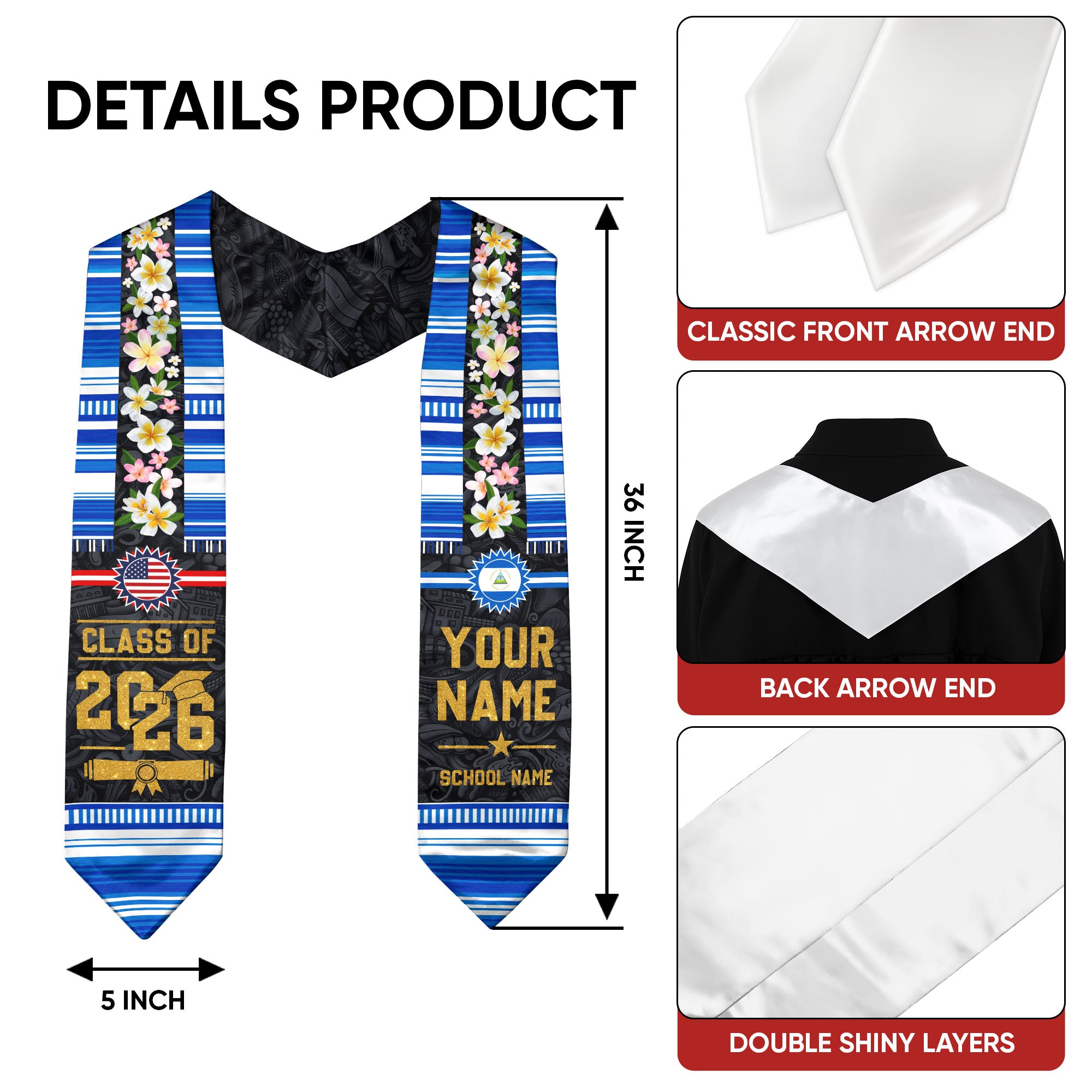 Nicaragua Flag Graduation Stole 2026, Nicaraguan Graduation Sash, Personalized Finish