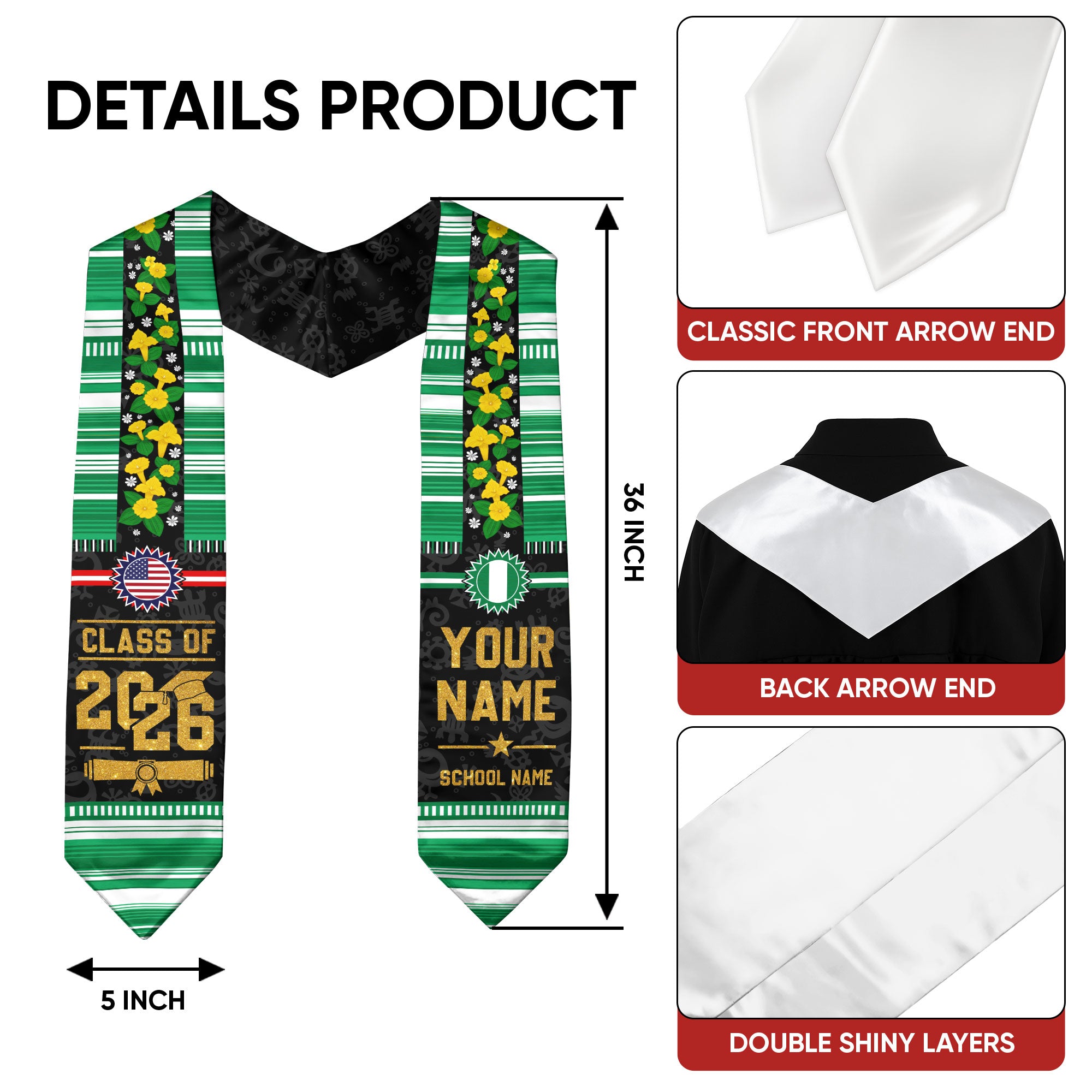 Nigeria Flag Graduation Stole 2026, Nigerian Graduation Sash, Personalized Finish