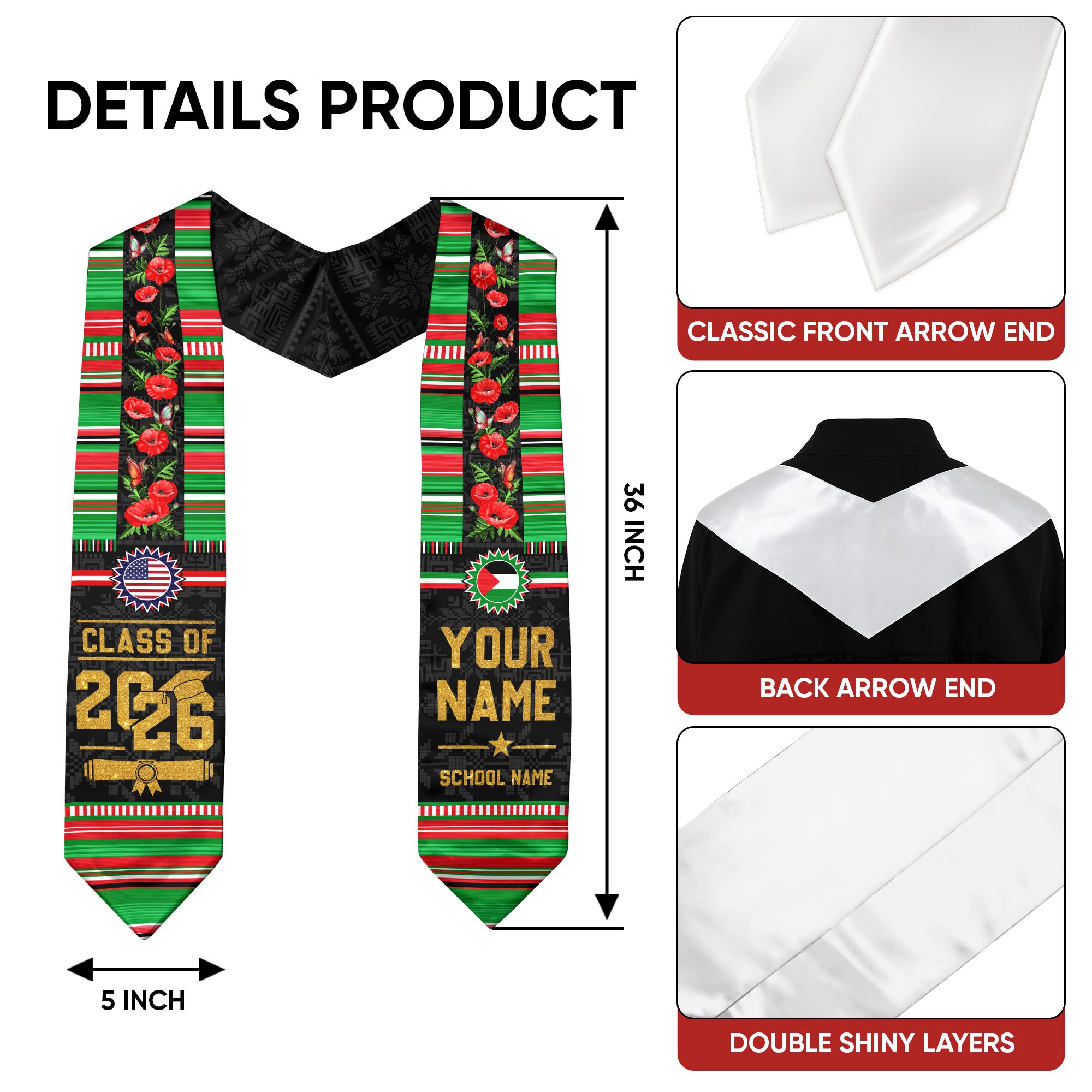 Palestine Flag Graduation Stole 2026, Palestinian Graduation Sash, Personalized Finish