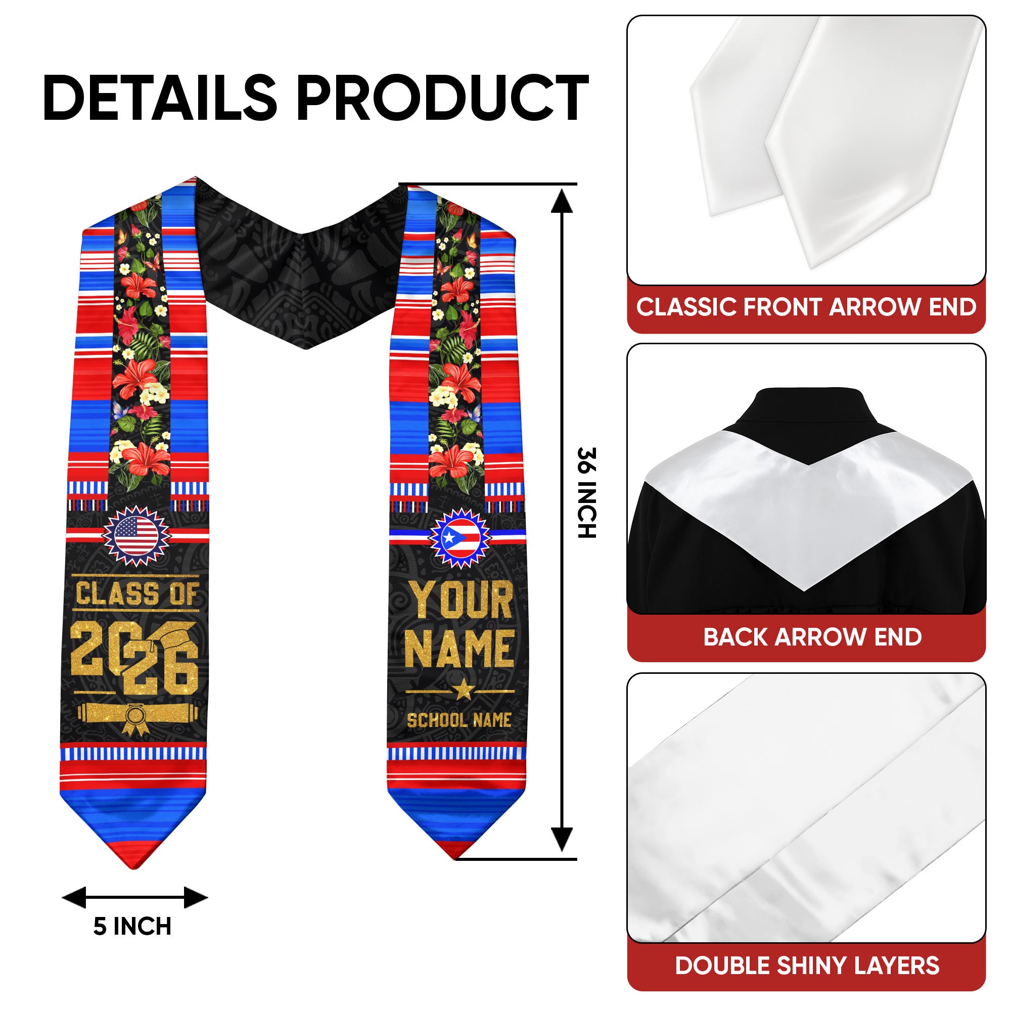Puerto Rico Flag Graduation Stole 2026, Puerto Rican Graduation Sash, Personalized Finish