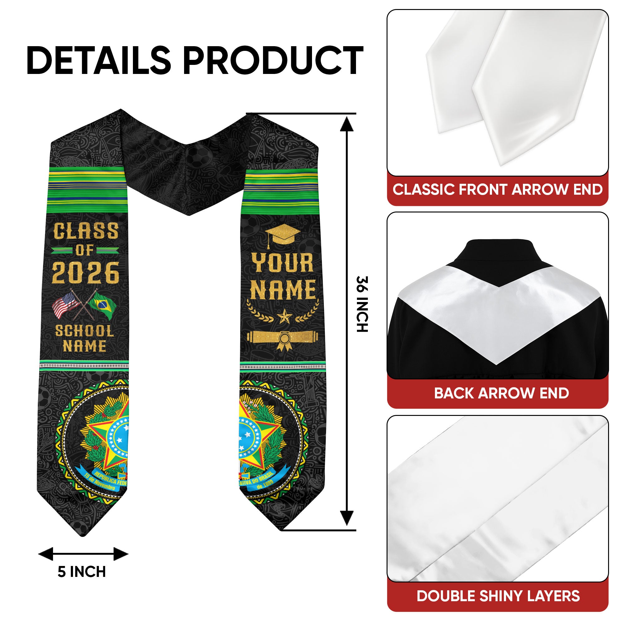 Custom Brazil Graduation Sash 2026, Brazilian Flag Stole, Brazil Graduation Stole 2026
