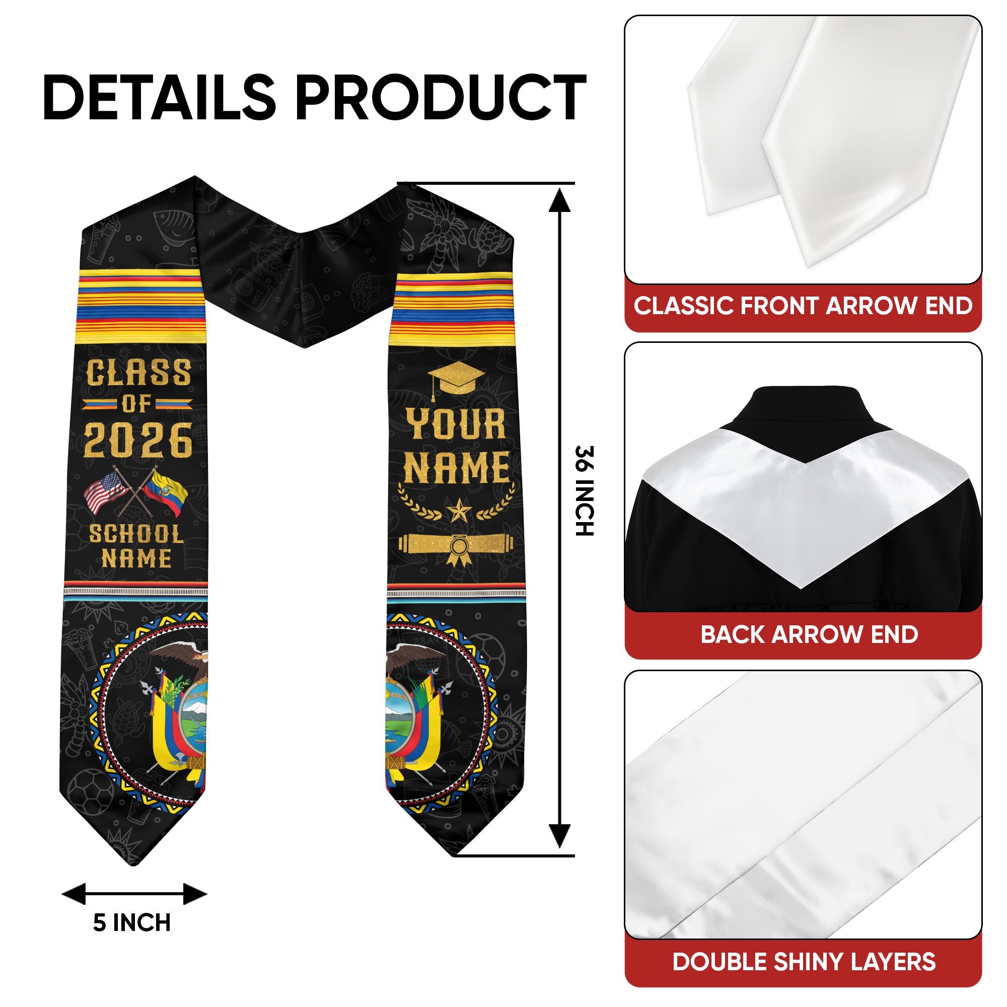 Custom Ecuador Graduation Sash 2026, Ecuadorian Flag Stole, Ecuador Graduation Stole 2026