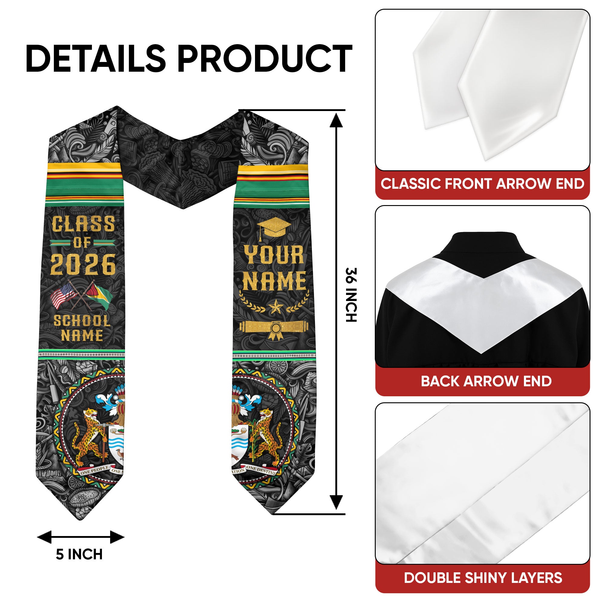 Custom Guyana Graduation Sash 2026, Guyanese Flag Stole, Guyana Graduation Stole 2026