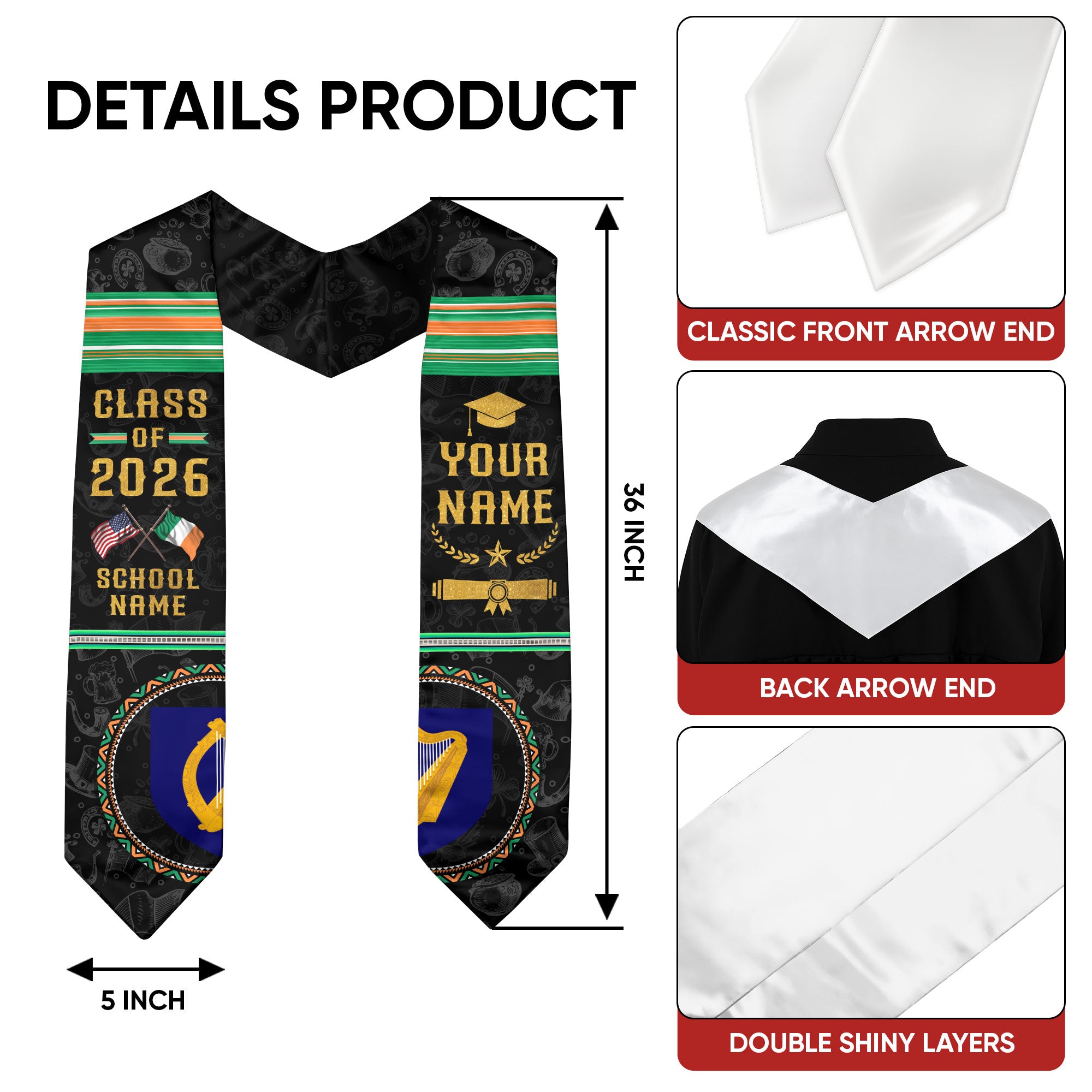 Custom Ireland Graduation Sash 2026, Irish Flag Stole, Ireland Graduation Stole for Grads