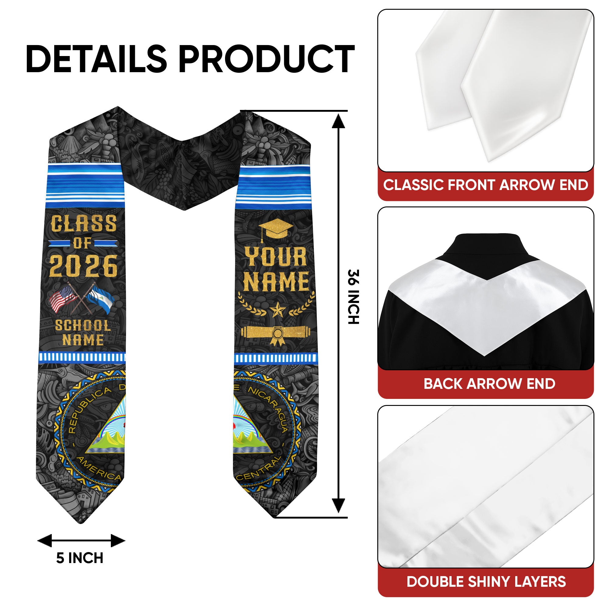 Nicaraguan Graduation Stole 2026, Nicaragua Flag Sash, Graduation Stole with Custom Details