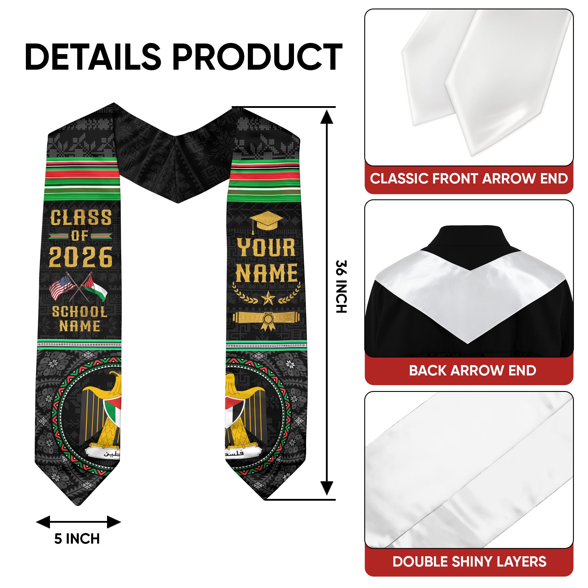 Palestinian Graduation Stole 2026, Palestine Flag Sash, Graduation Stole with Custom Details