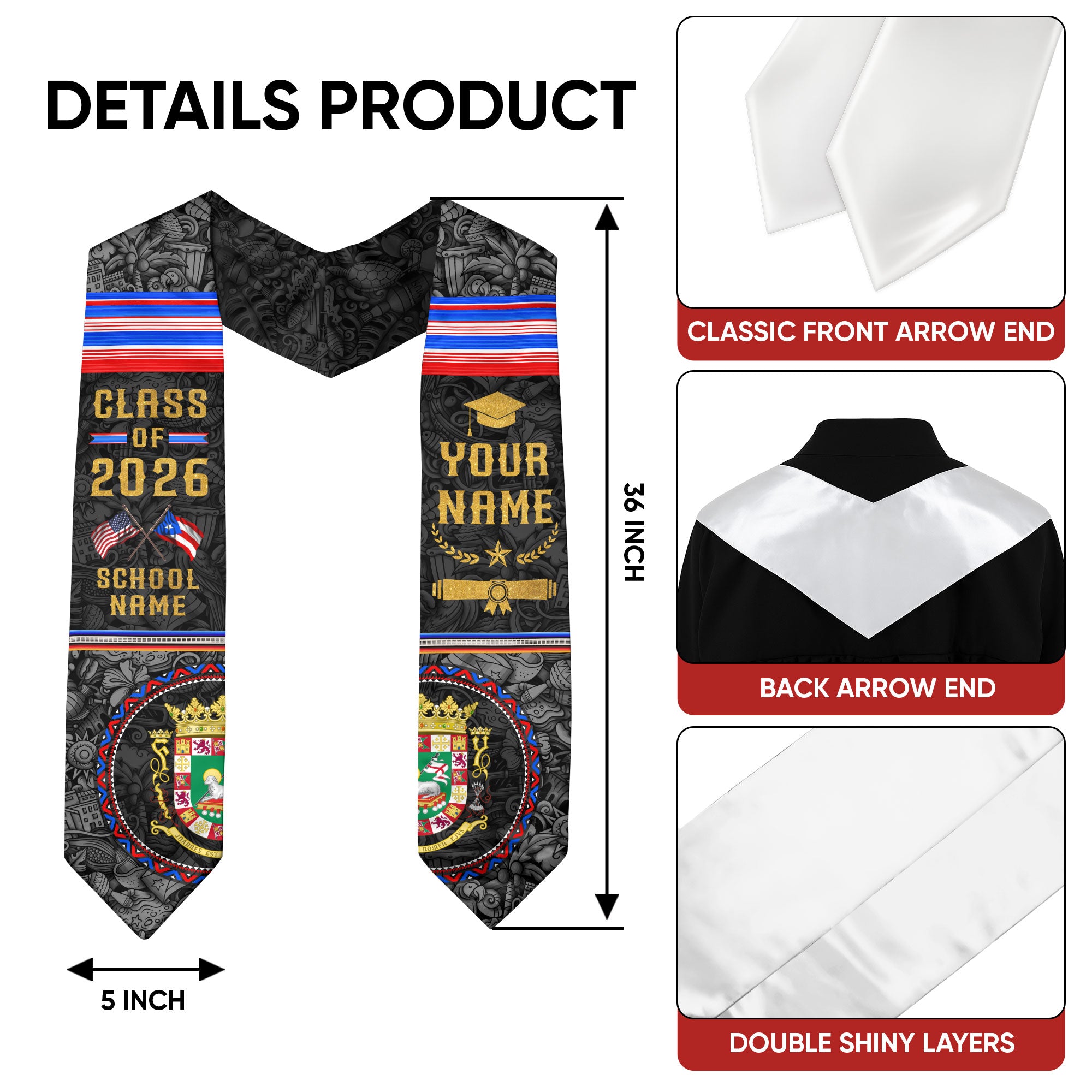 Puerto Rican Graduation Stole 2026, Puerto Rico Flag Sash, Graduation Stole with Custom Details