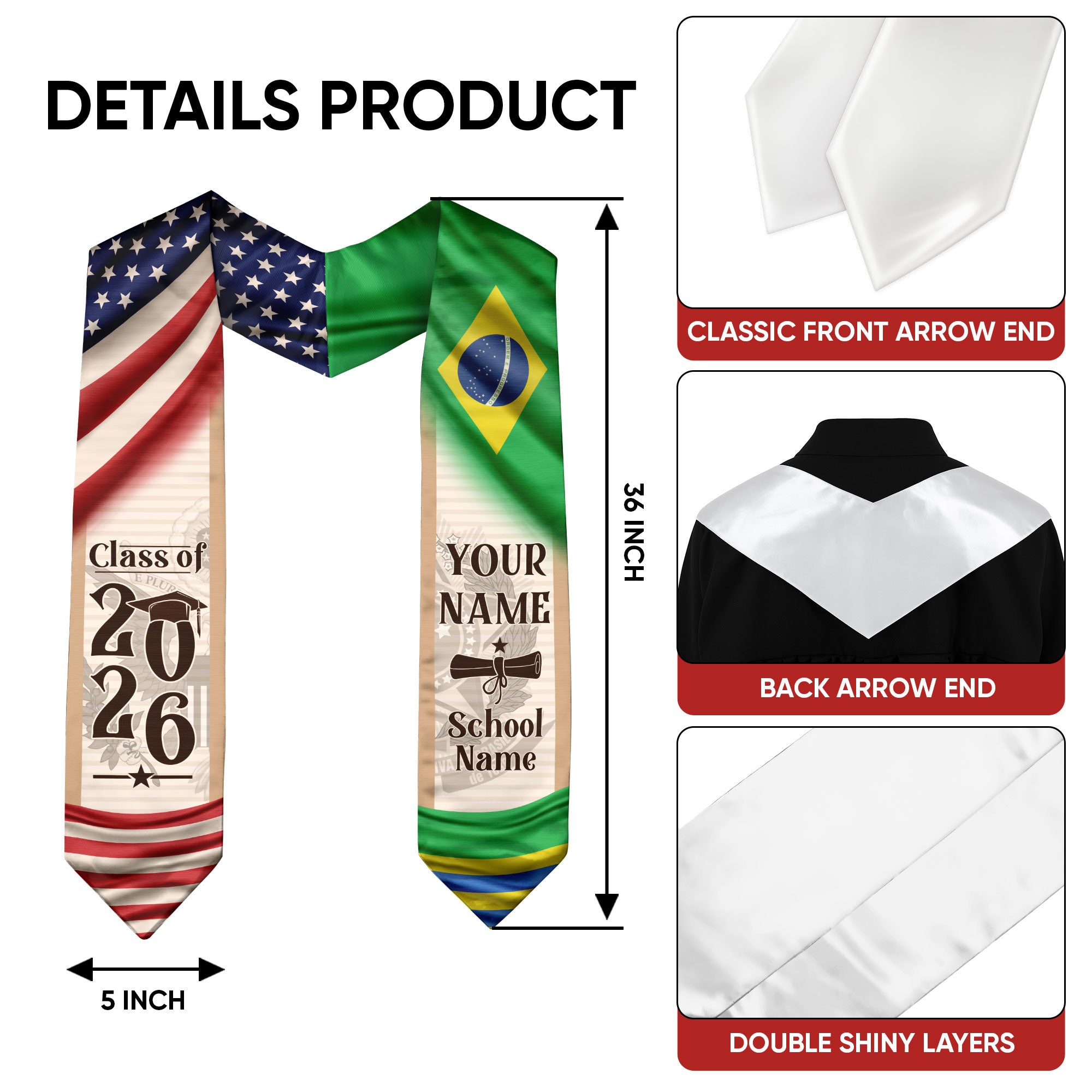 Brazil Graduation Sash 2026, Brazilian Flag Graduation Stole, Custom Brazil Grad Stole
