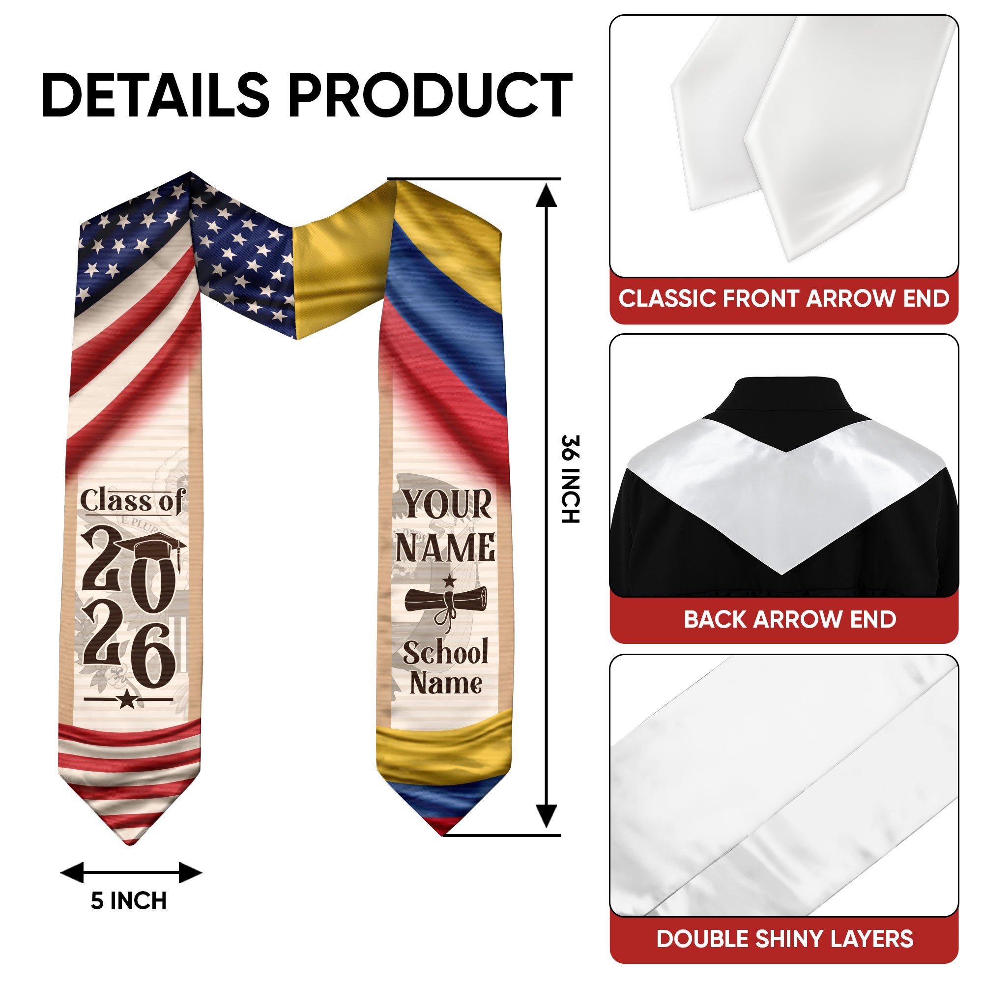 Graduation Stole Colombia 2026, Elegant Colombian Flag Sash for Formal Commencement Ceremony