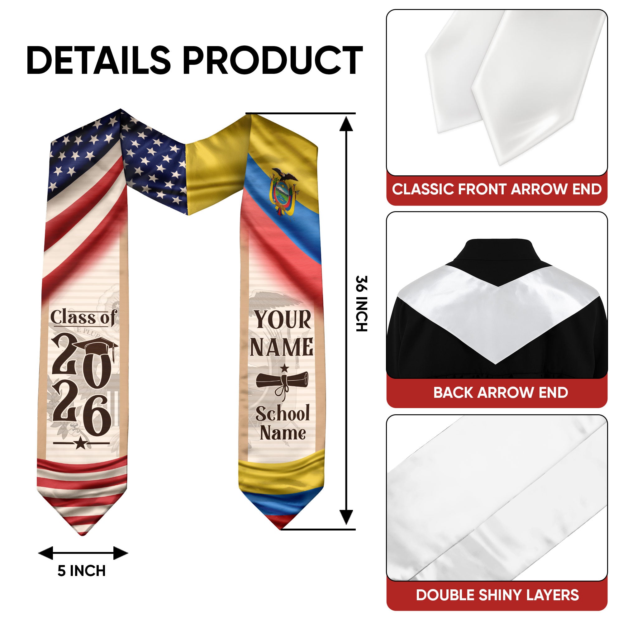 Ecuador Graduation Sash 2026, Ecuadorian Flag Graduation Stole, Custom Ecuador Grad Stole