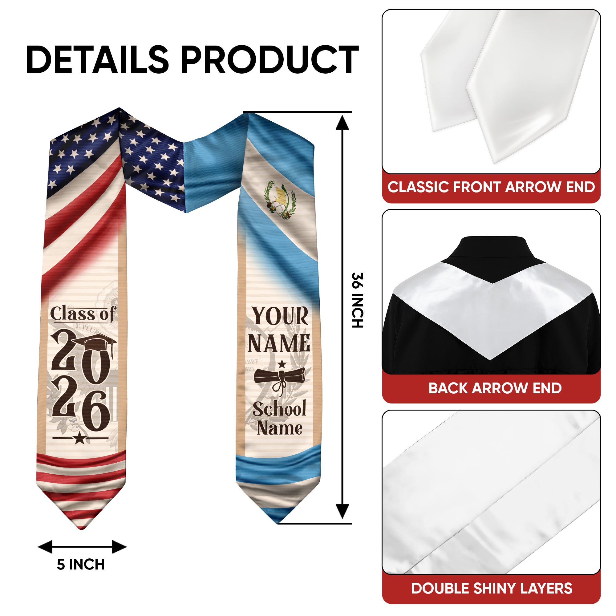 Customized Guatemala Flag Graduation Stole 2026, Guatemalan Graduation Sash, Refined Custom Finish