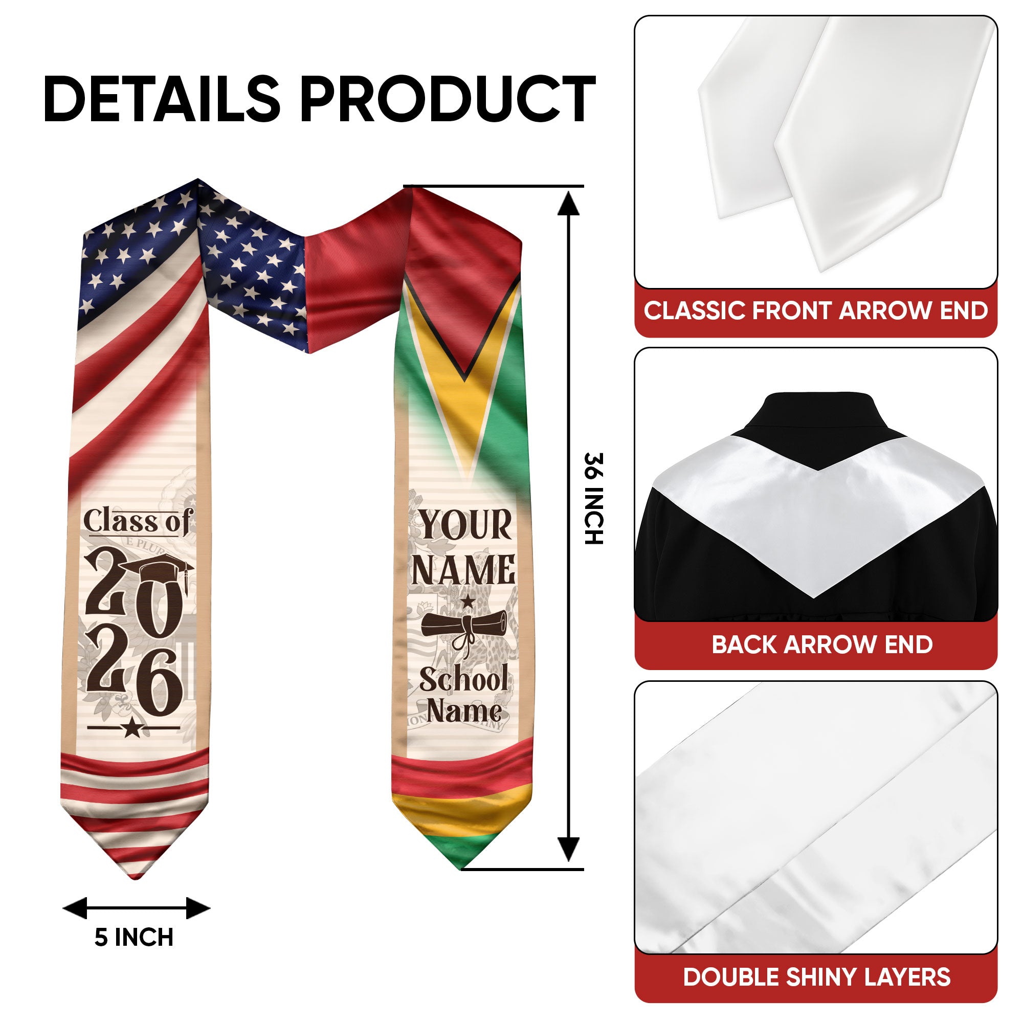 Guyanese Graduation Stole 2026, Guyana Flag Sash, Custom Graduation Sash for Graduates