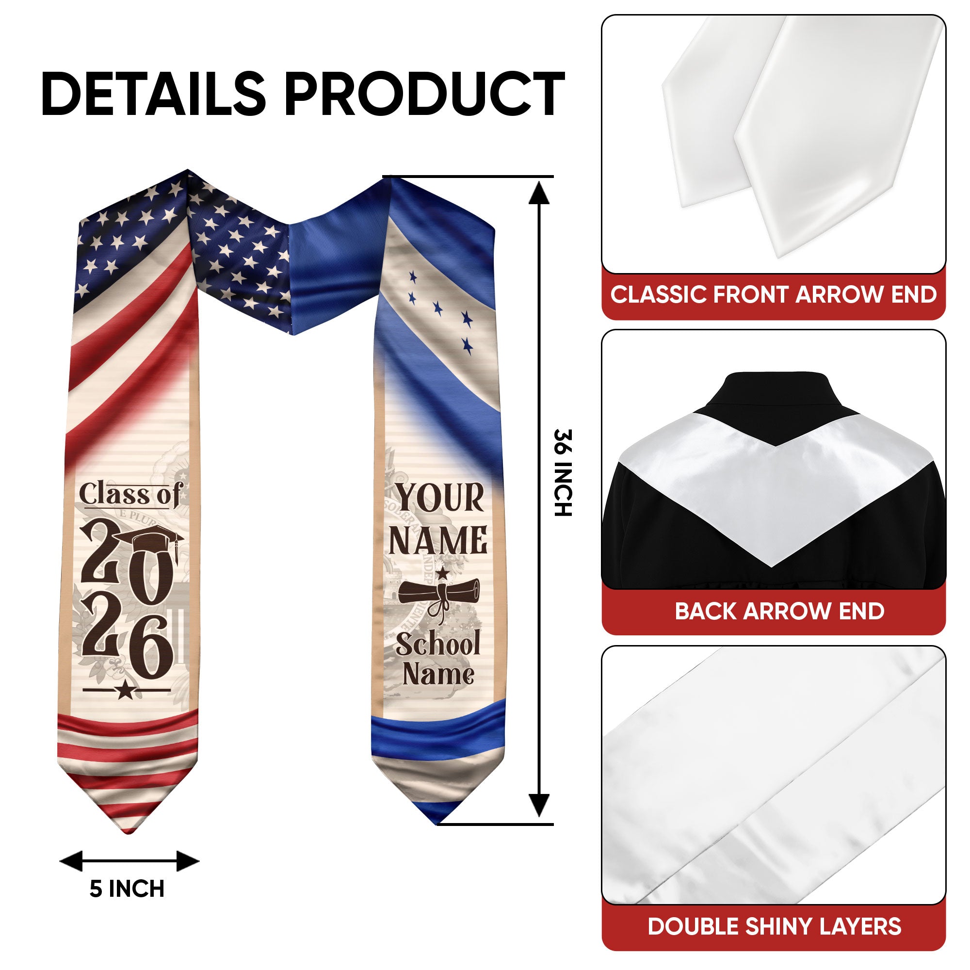 Graduation Stole Honduras Flag 2026, Honduran Sash for Graduates, Honduras Stole