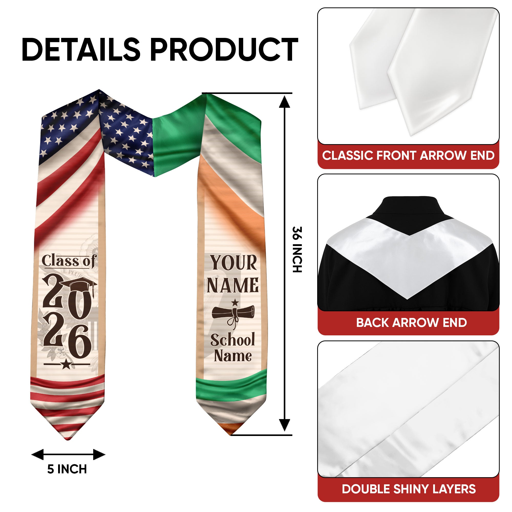 Irish Graduation Stole 2026, Ireland Flag Sash, Custom Graduation Sash for Graduates