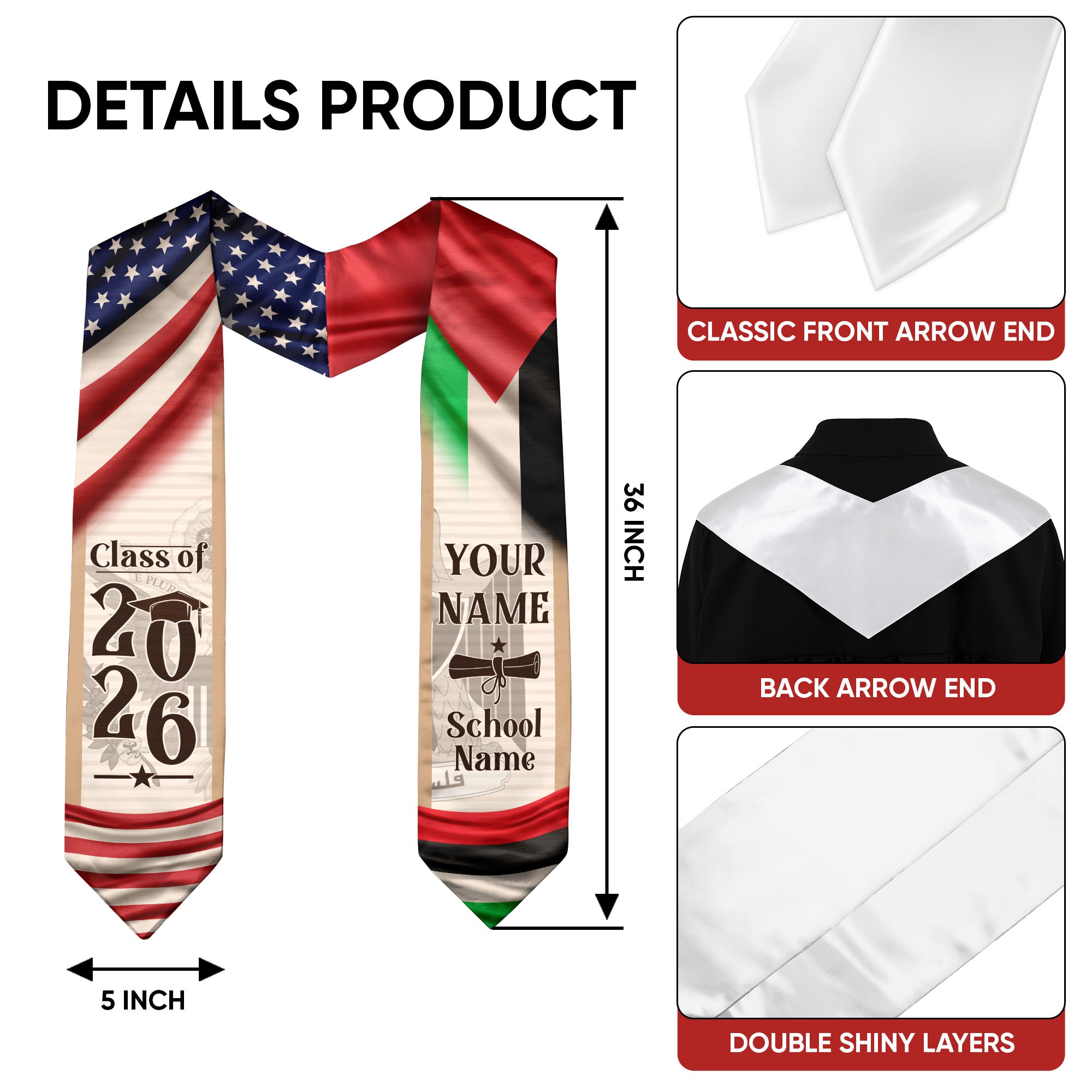 Palestine Graduation Sash 2026, Palestinian Flag Graduation Stole, Custom Accent for Grads
