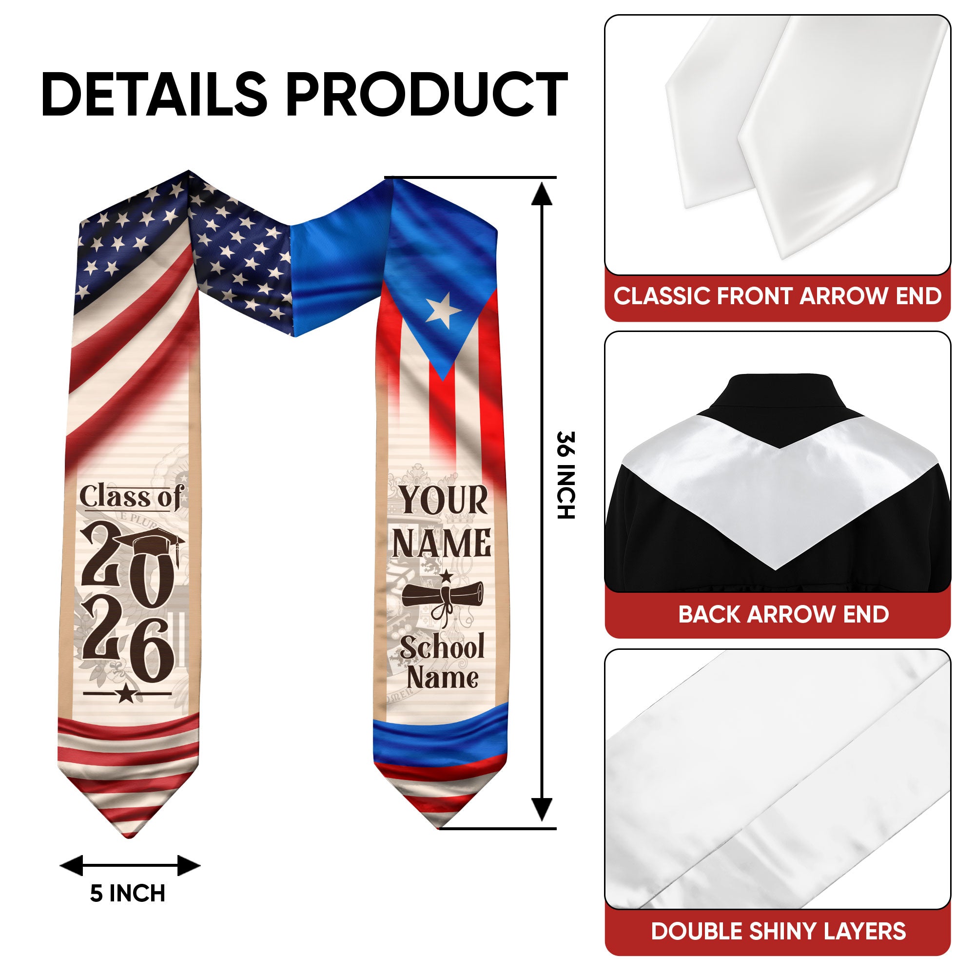 Puerto Rico Graduation Sash 2026, Puerto Rican Flag Graduation Stole, Custom Accent for Grads