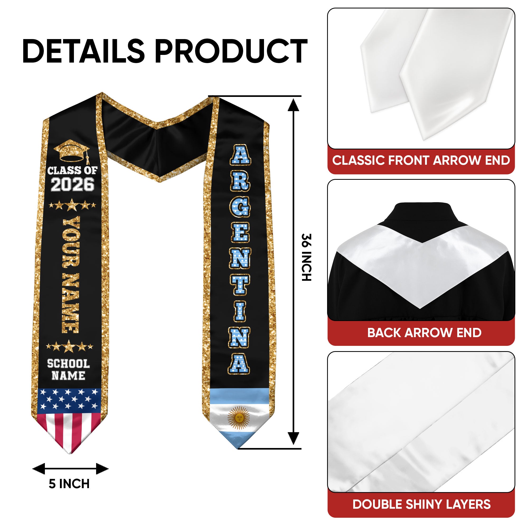 Argentina Graduation Stole 2026, Argentina Flag Sash, Personal Detail Option for Graduates