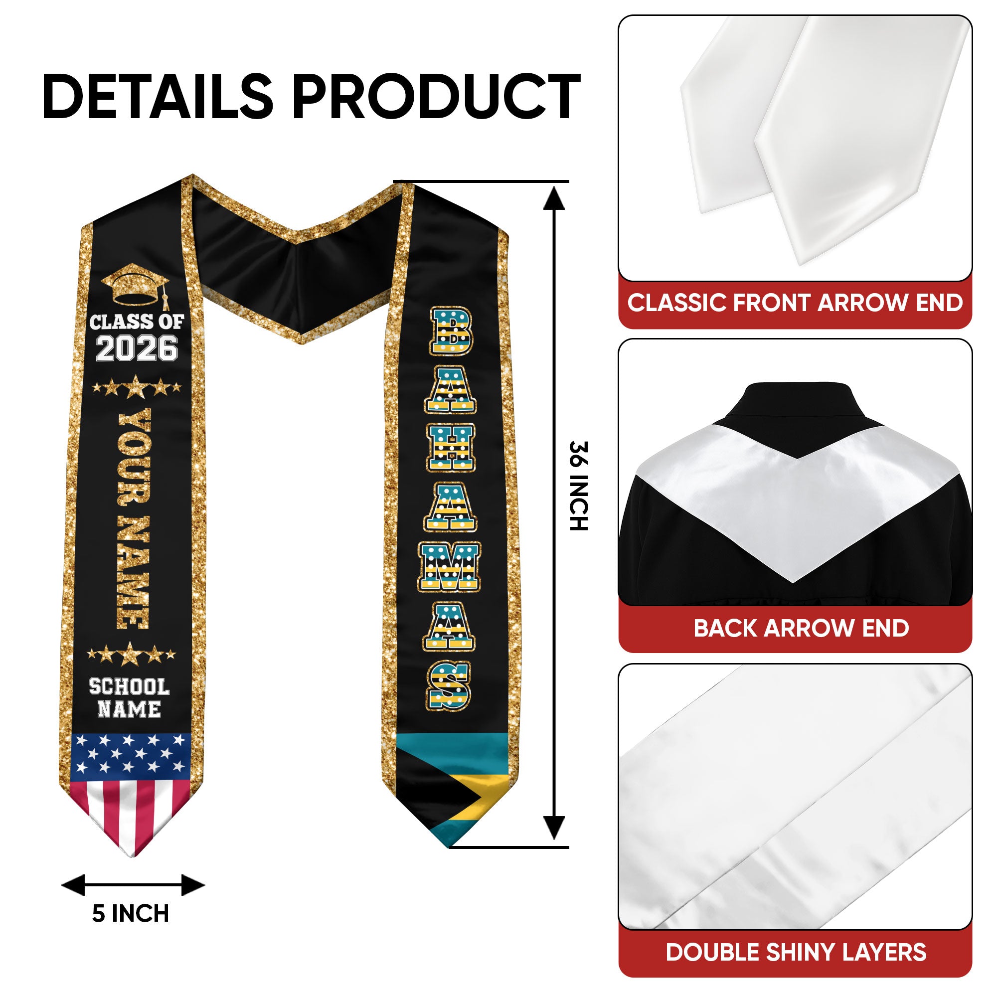 Bahamas Graduation Stole 2026, Bahamas Flag Sash, Personal Detail Option for Graduates