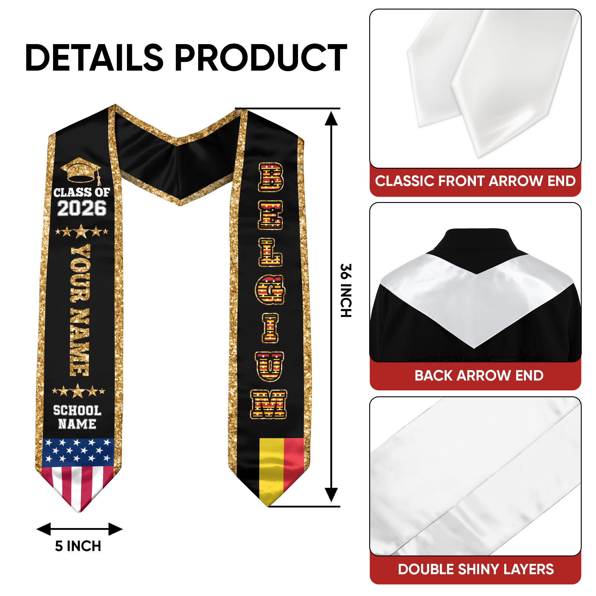 Belgium Graduation Stole 2026, Belgium Flag Sash, Personal Detail Option for Graduates