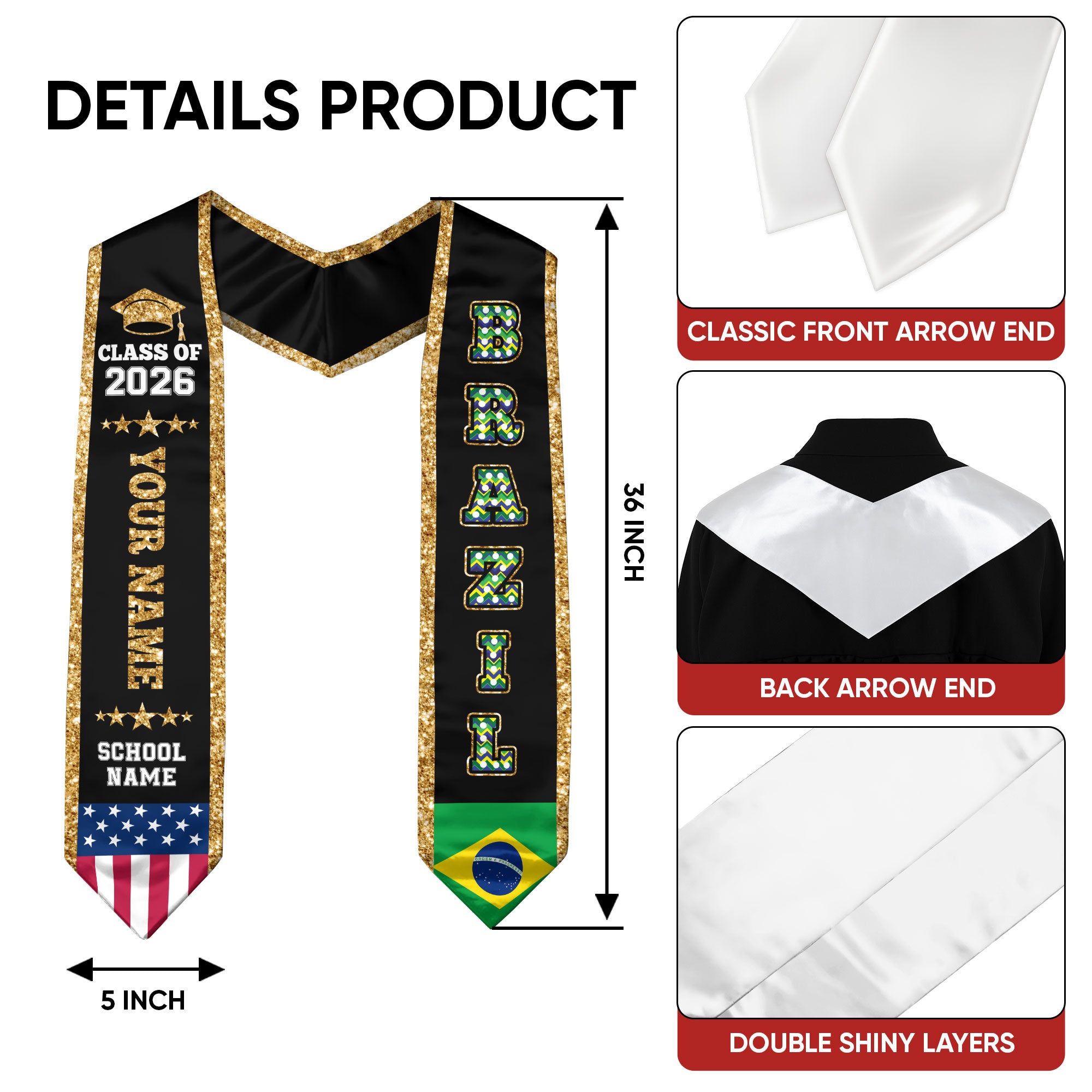 Brazil Graduation Stole 2026, Brazil Flag Sash, Personal Detail Option for Graduates
