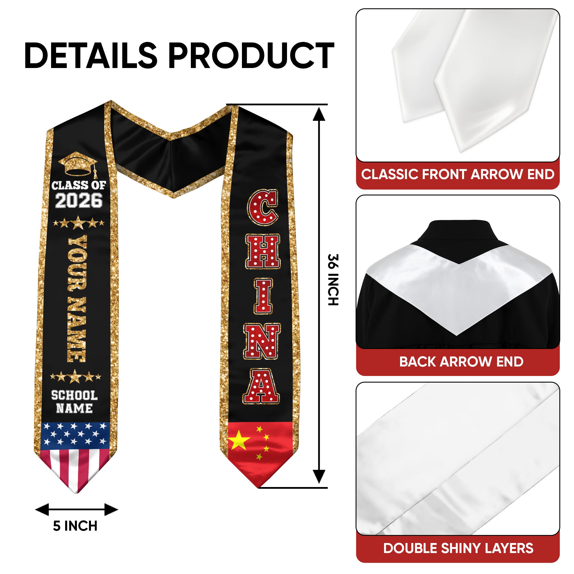 China Graduation Stole 2026, China Flag Sash, Personal Detail Option for Graduates
