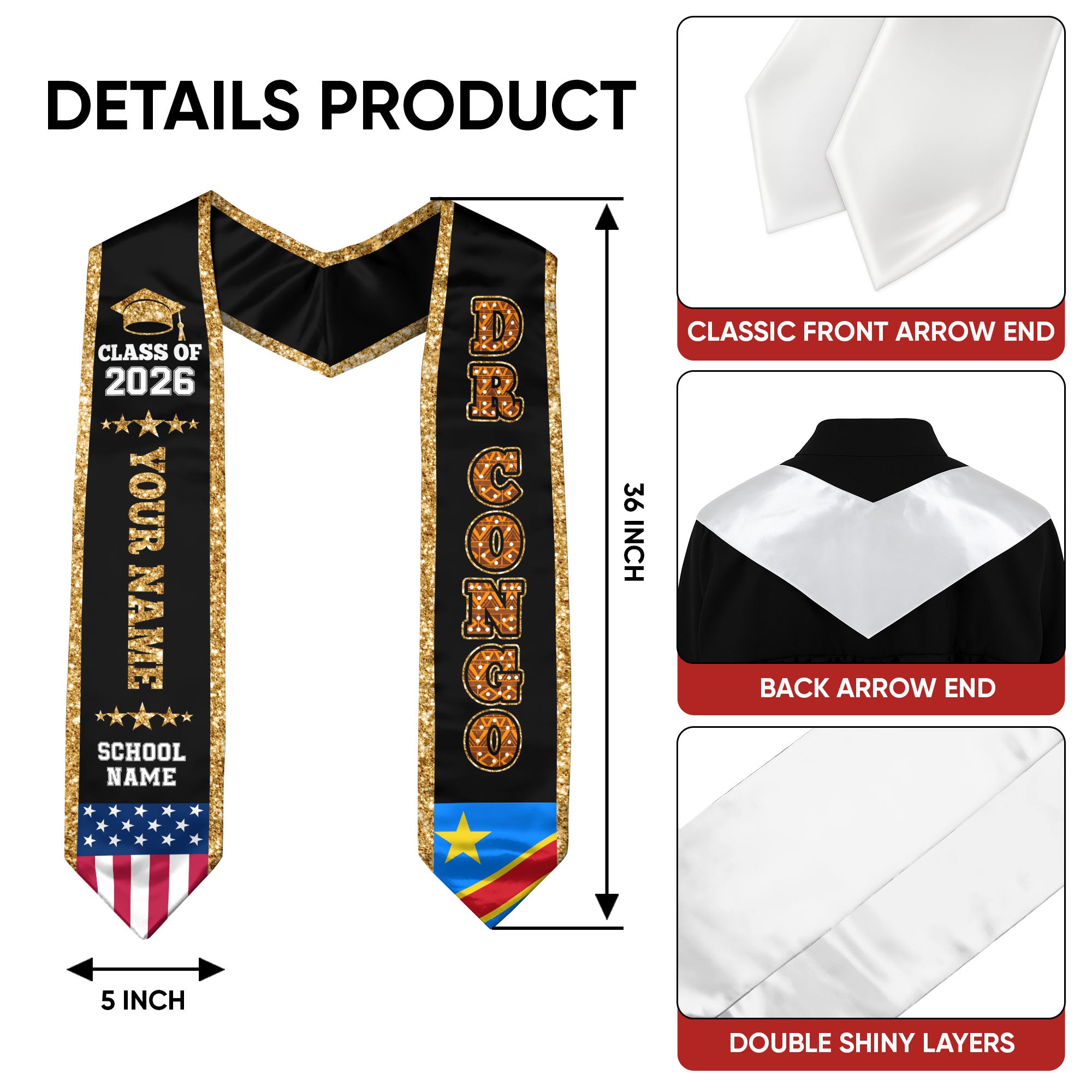 DRCongo Graduation Stole 2026, DRCongo Flag Sash, Personal Detail Option for Graduates