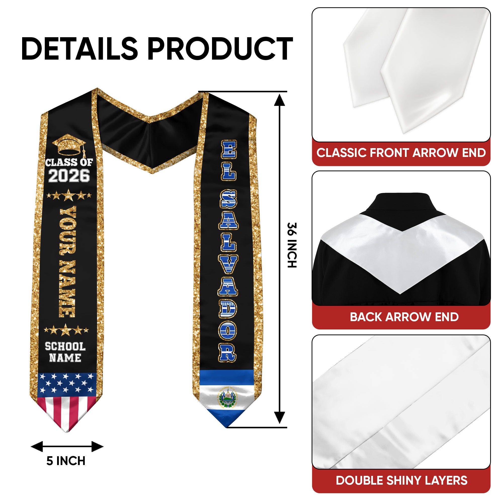2026 ElSalvador Flag Graduation Stole, ElSalvador Sash, Personal Detail Option for Grads