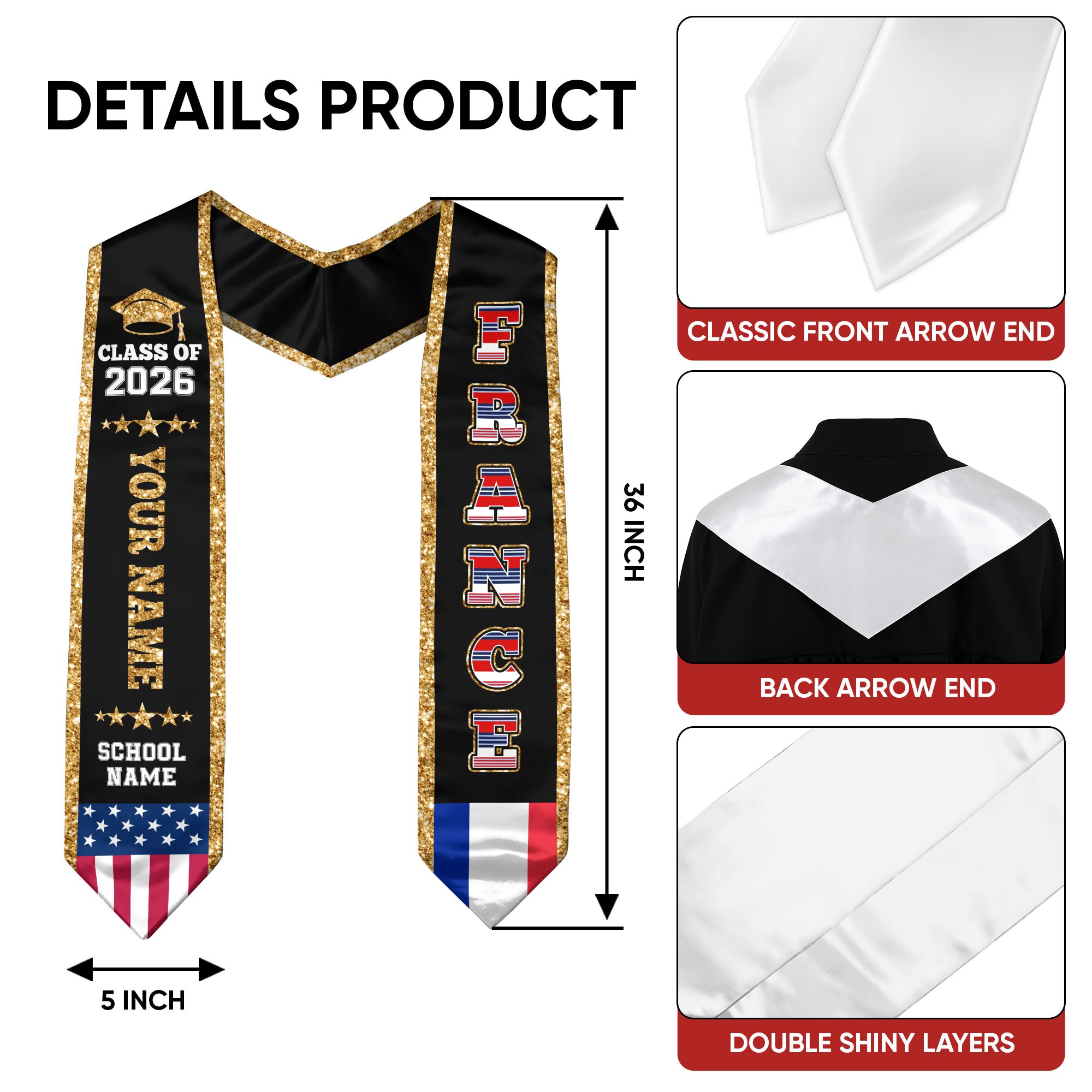 France Graduation Stole 2026, France Flag Sash, Personal Detail Option for Graduates