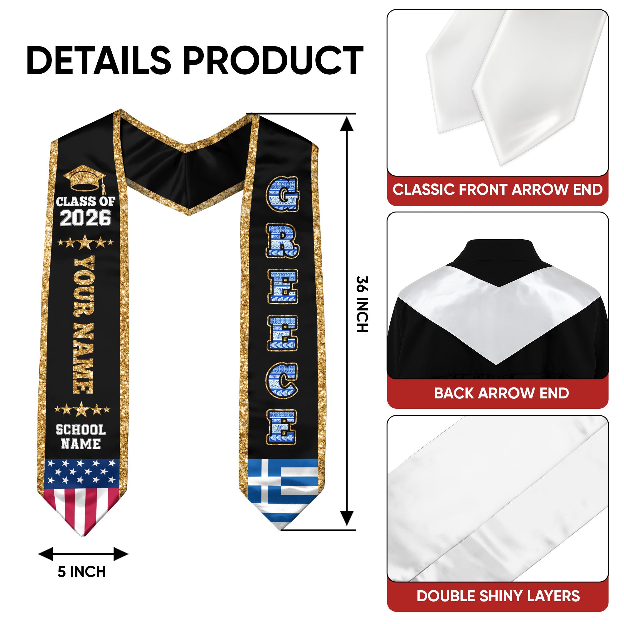 Greece Graduation Stole 2026, Greece Flag Sash, Personal Detail Option for Graduates