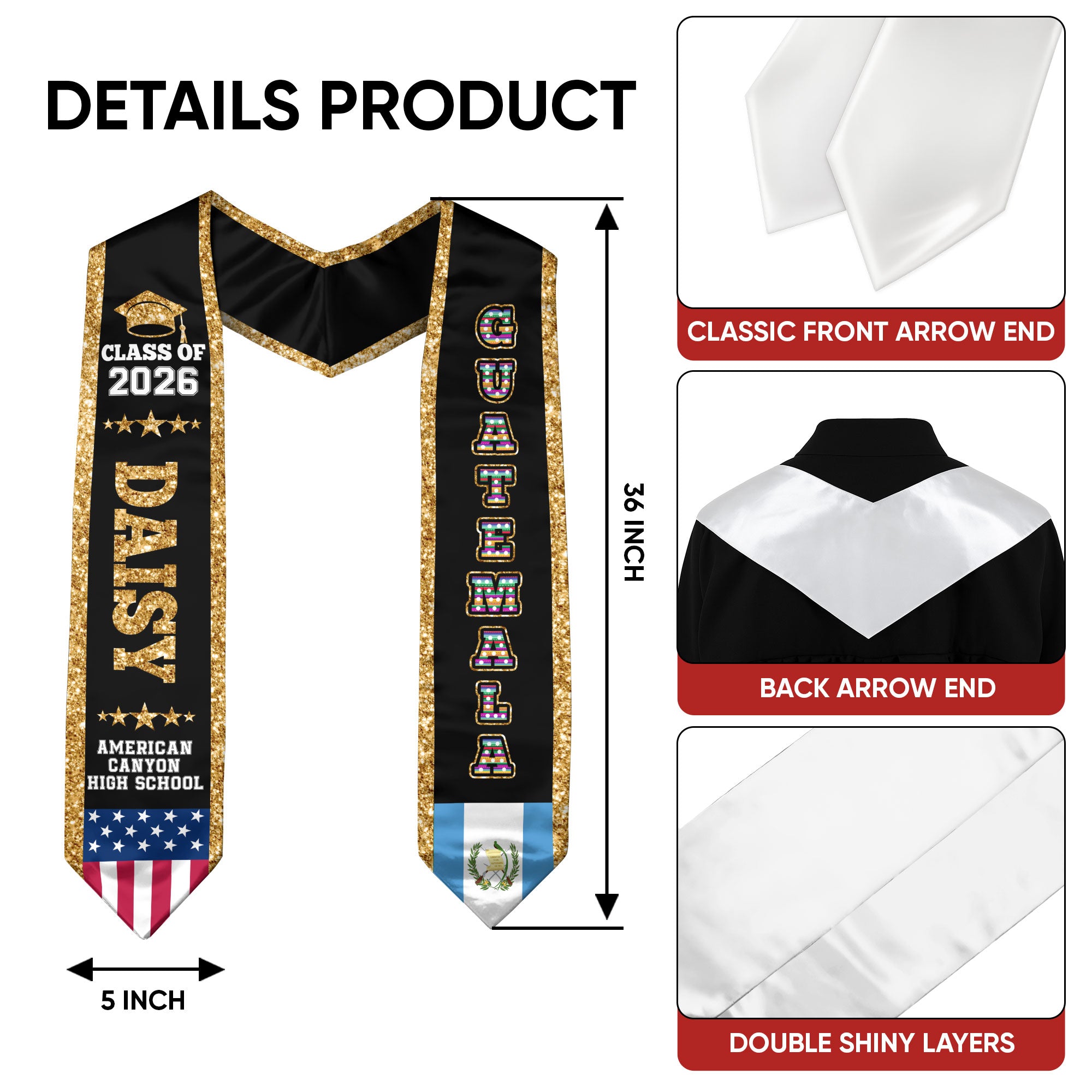 2026 Guatemala Flag Graduation Stole, Guatemala Sash, Personal Detail Option for Grads