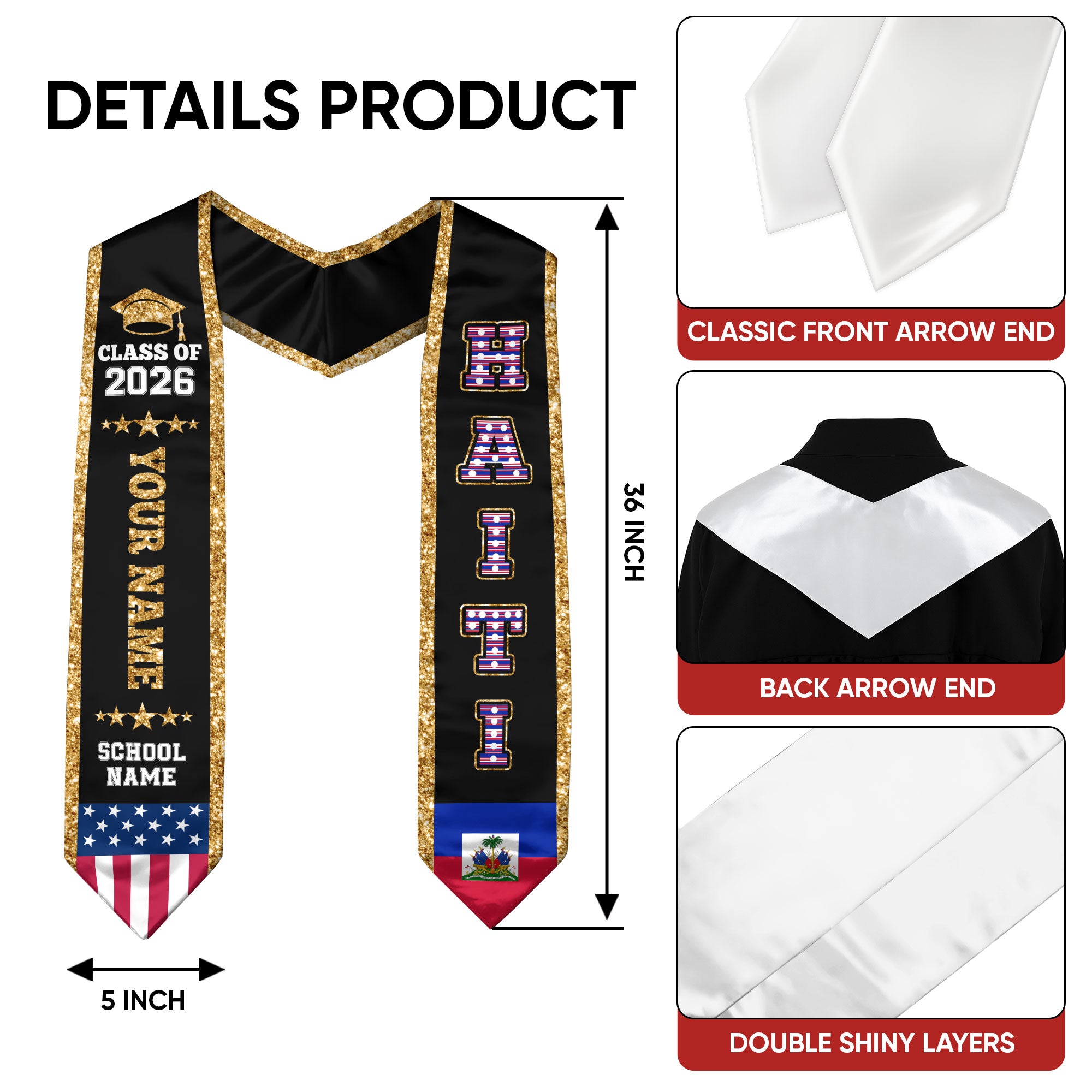 2026 Haiti Flag Graduation Stole, Haiti Sash, Personal Detail Option for Grads Ceremony