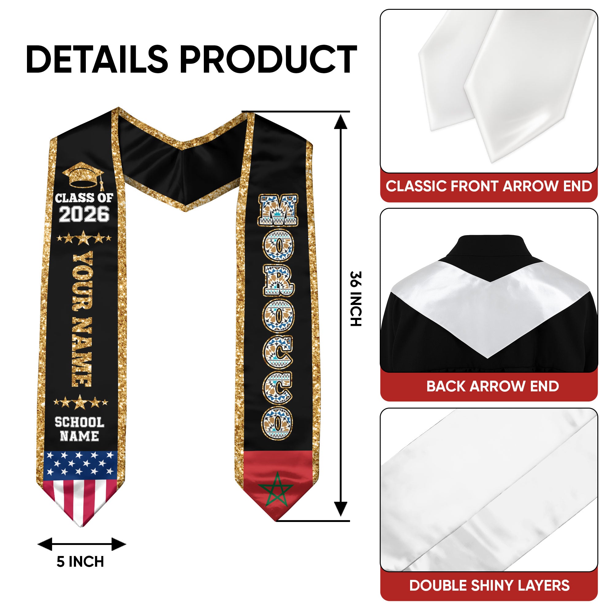 Morocco Graduation Stole 2026, Morocco Flag Sash, Personal Detail Option for Graduates