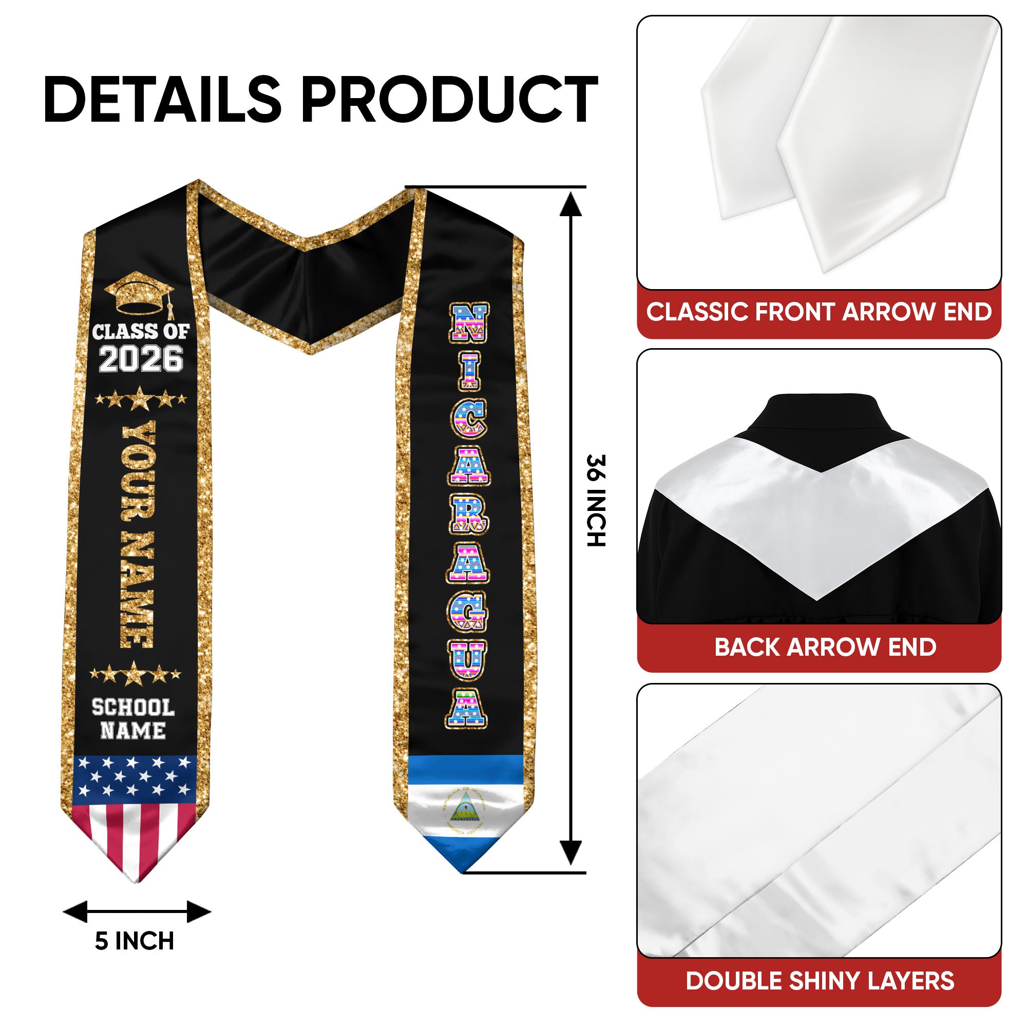 Nicaragua Graduation Stole 2026, Nicaragua Flag Sash, Personal Detail Option for Graduates