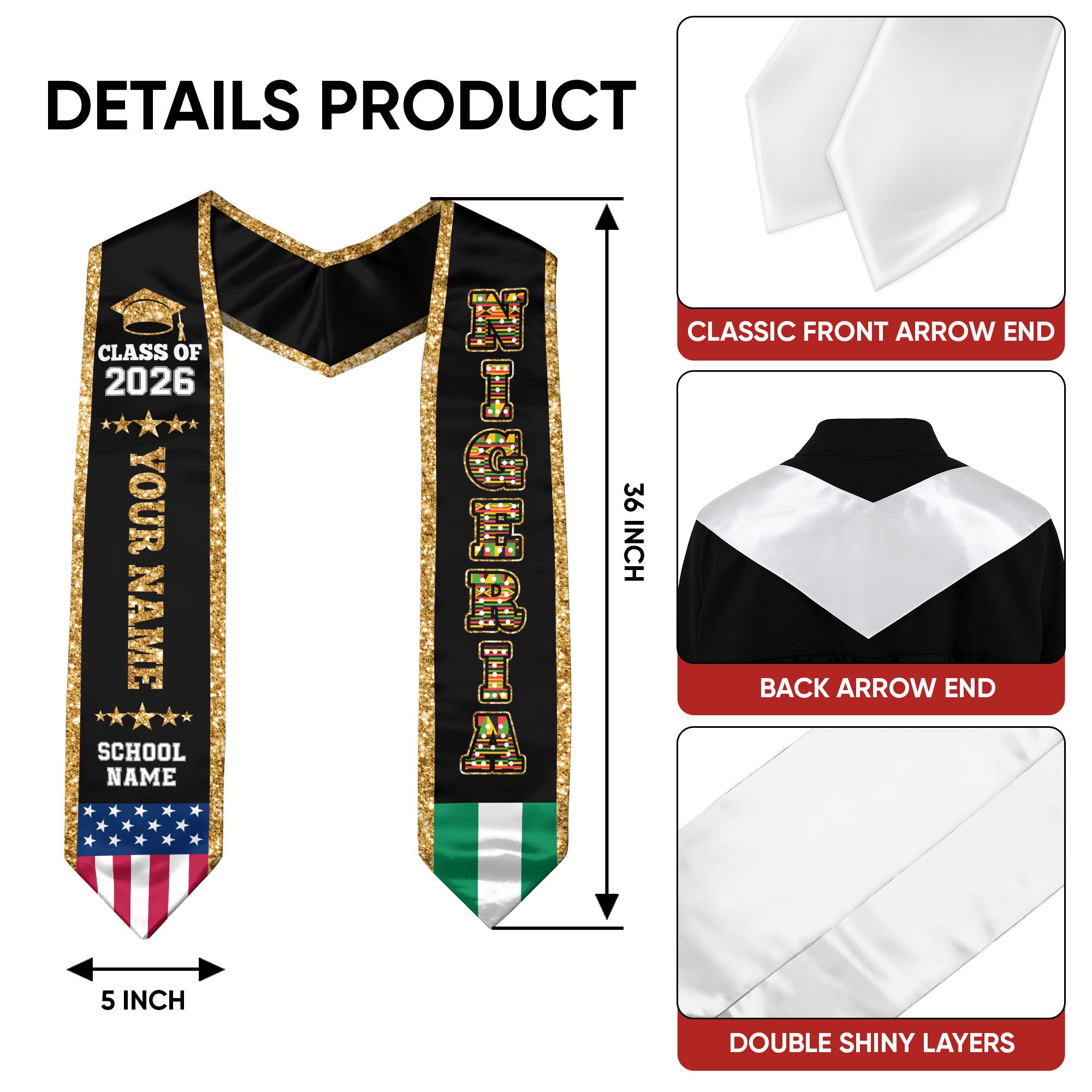 Nigeria Graduation Stole 2026, Nigeria Flag Sash, Personal Detail Option for Graduates