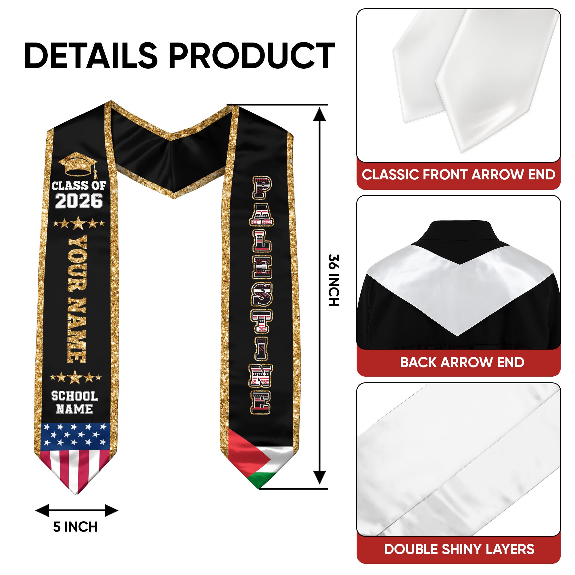 Palestine Graduation Stole 2026, Palestine Flag Sash, Personal Detail Option for Graduates