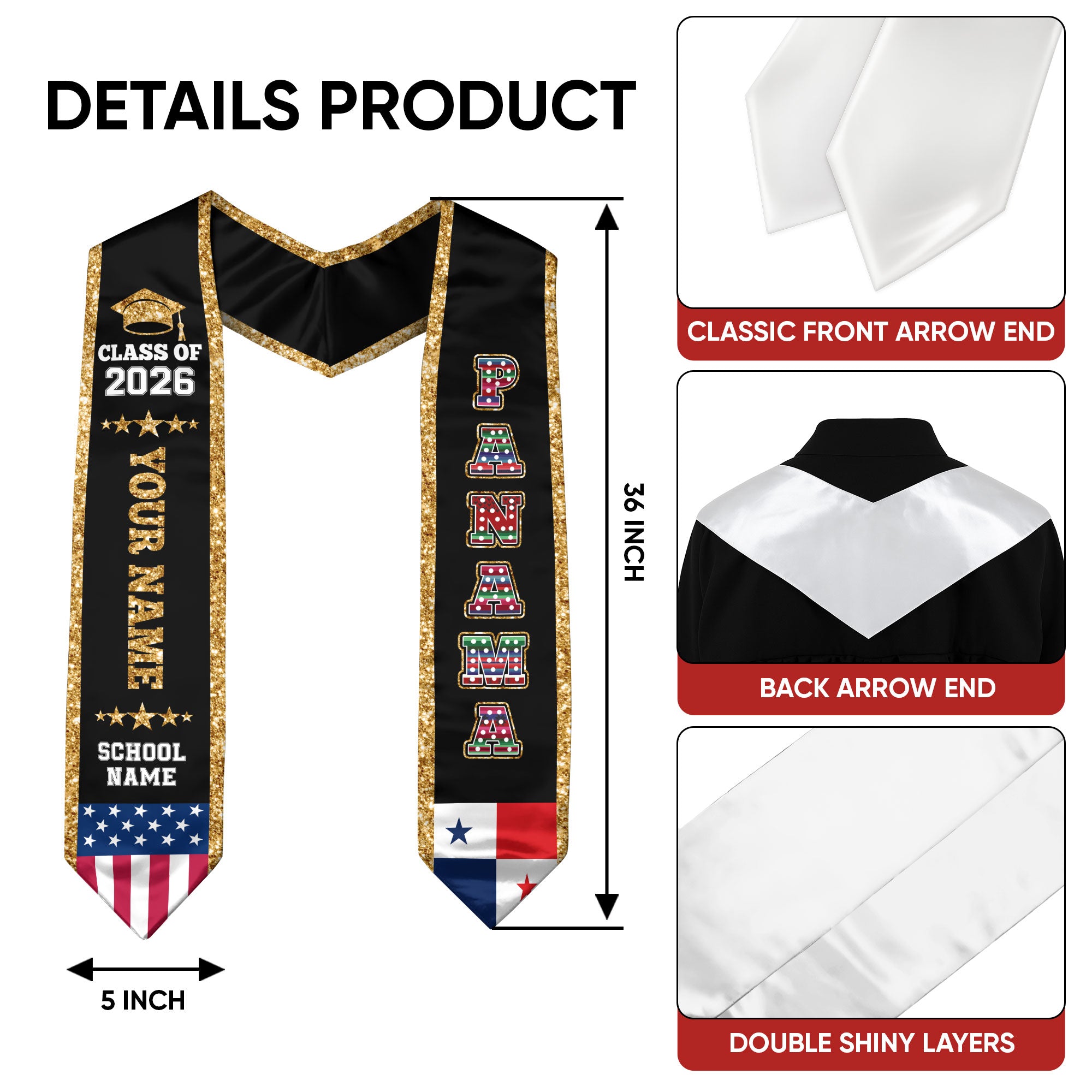 Panama Graduation Stole 2026, Panama Flag Sash, Personal Detail Option for Graduates