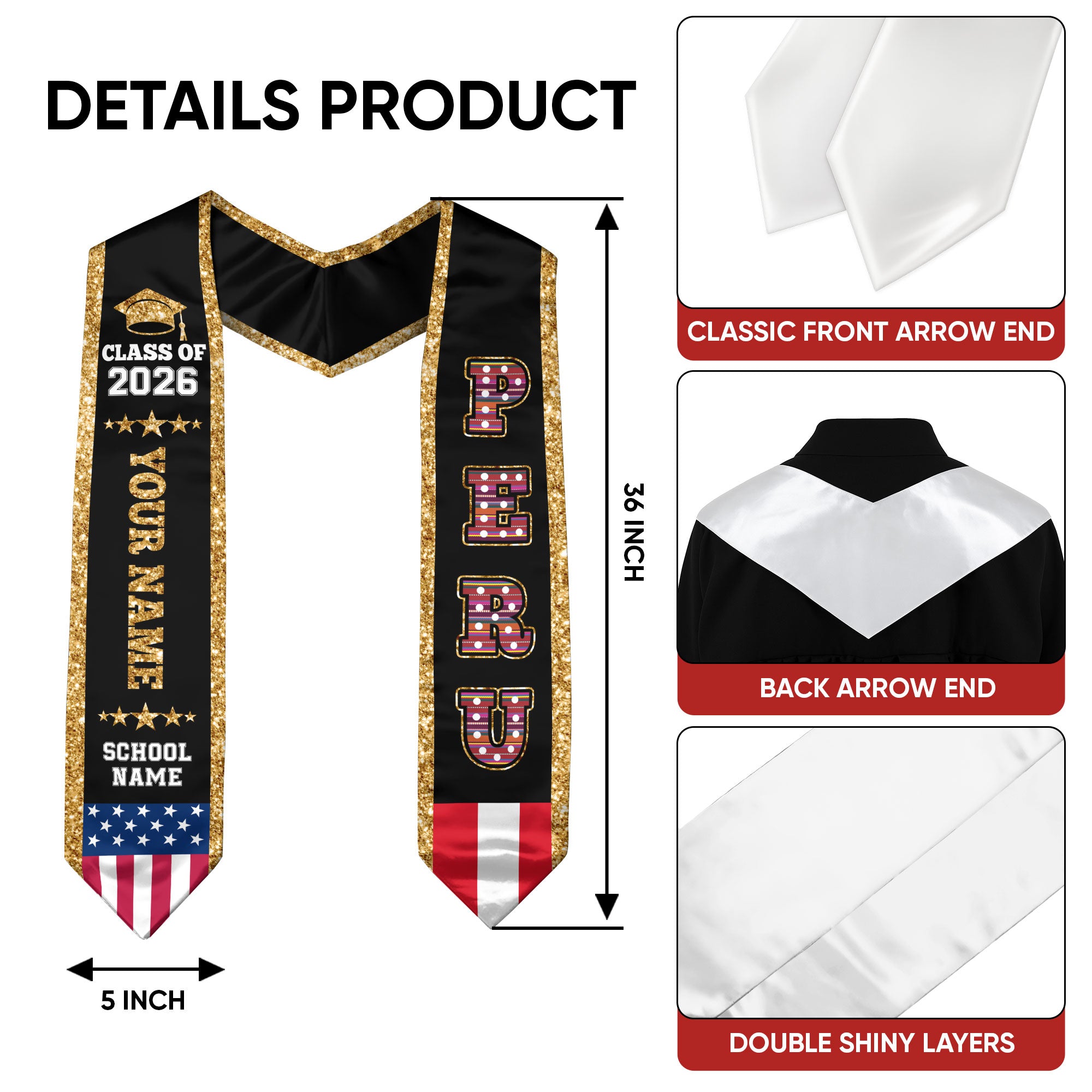 2026 Peru Flag Graduation Stole, Peru Sash, Personal Detail Option for Grads Ceremony