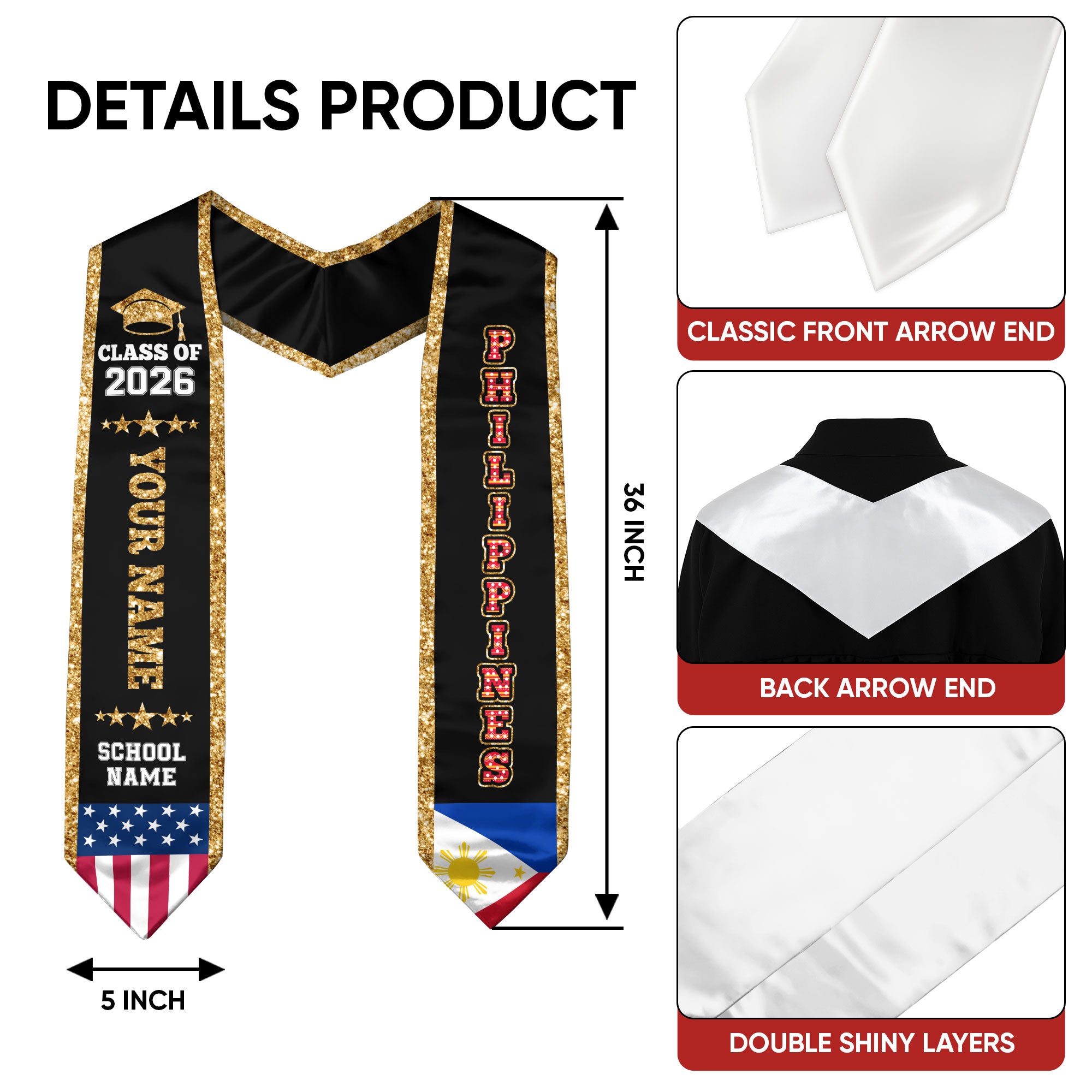 Philippines Graduation Stole 2026, Flag Sash, Personal Detail Option for Grads Ceremony