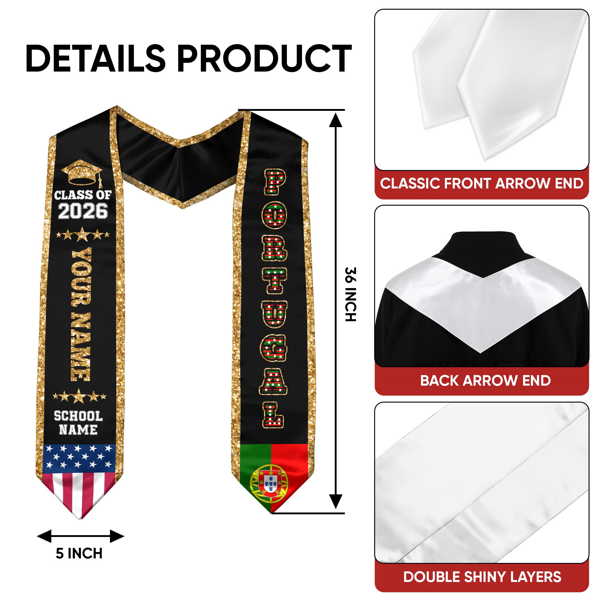Portugal Graduation Stole 2026, Portugal Flag Sash, Personal Detail Option for Graduates