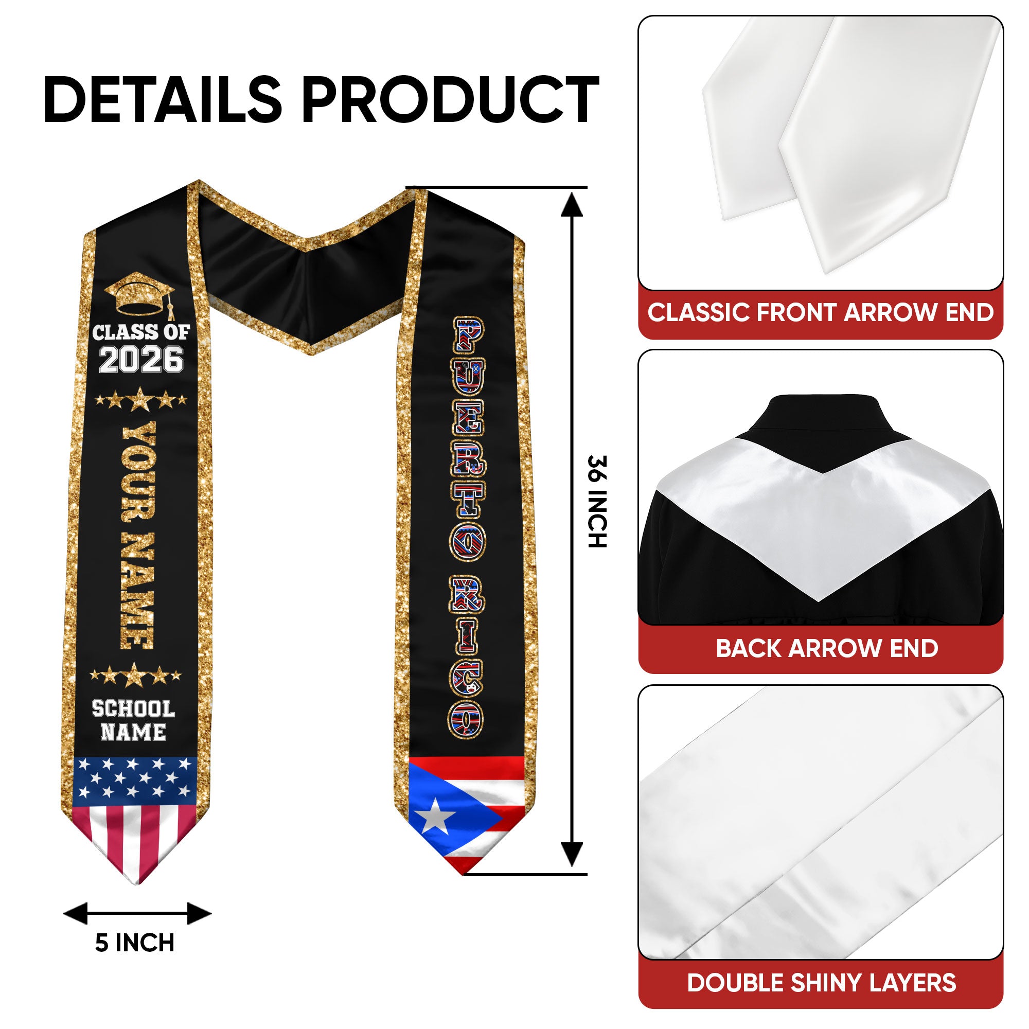 2026 PuertoRico Flag Graduation Stole, PuertoRico Sash, Personal Detail Option for Grads