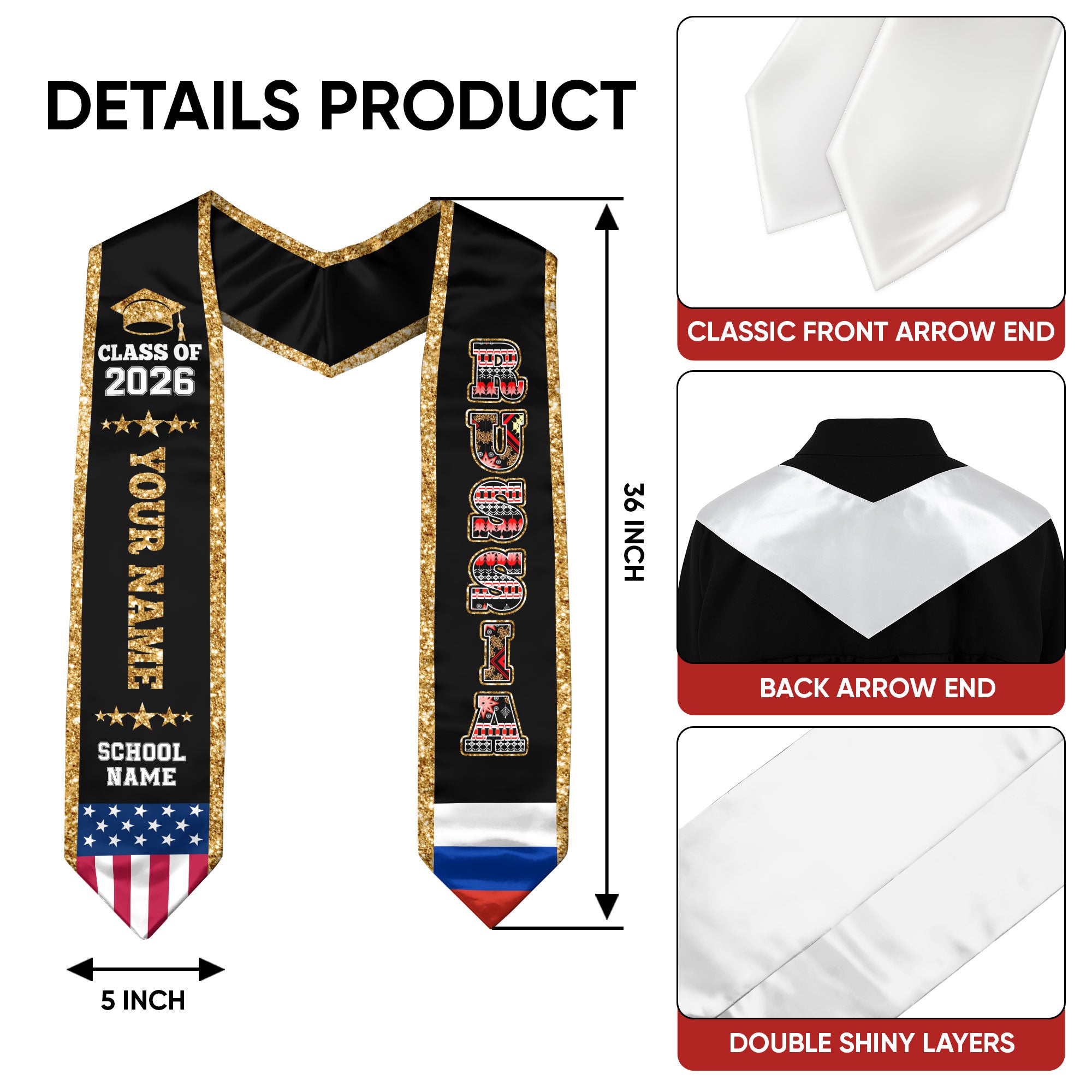 Russia Graduation Stole 2026, Russia Flag Sash, Personal Detail Option for Graduates