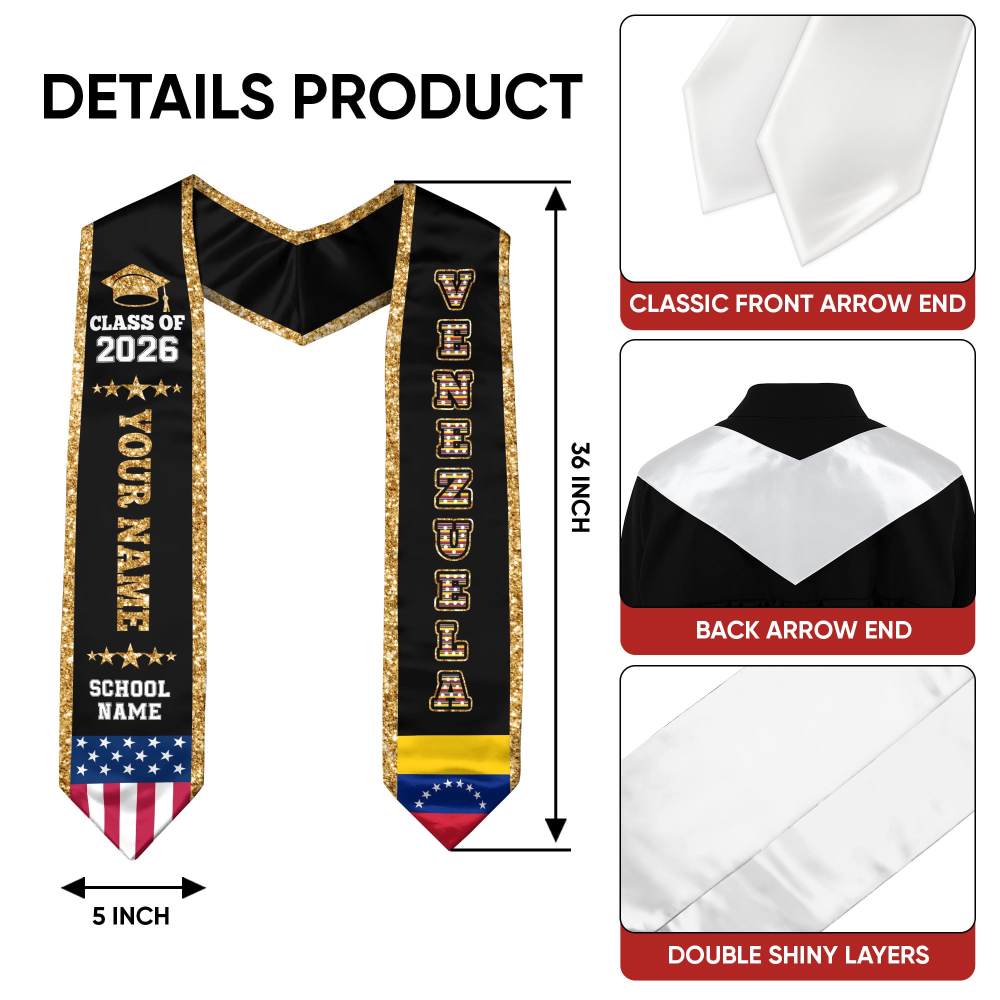 Venezuela Graduation Stole 2026, Venezuela Flag Sash, Personal Detail Option for Graduates