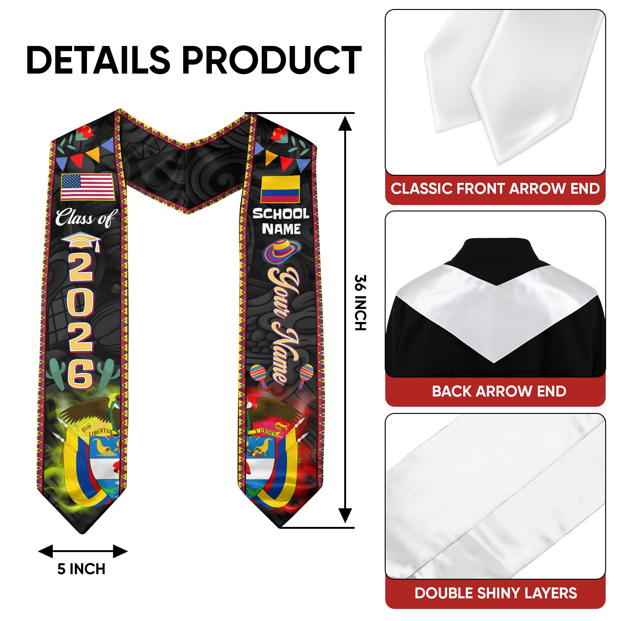 Colombia Graduation Stole 2026, Colombian Flag Graduation Sash, Custom Details Grad Stole