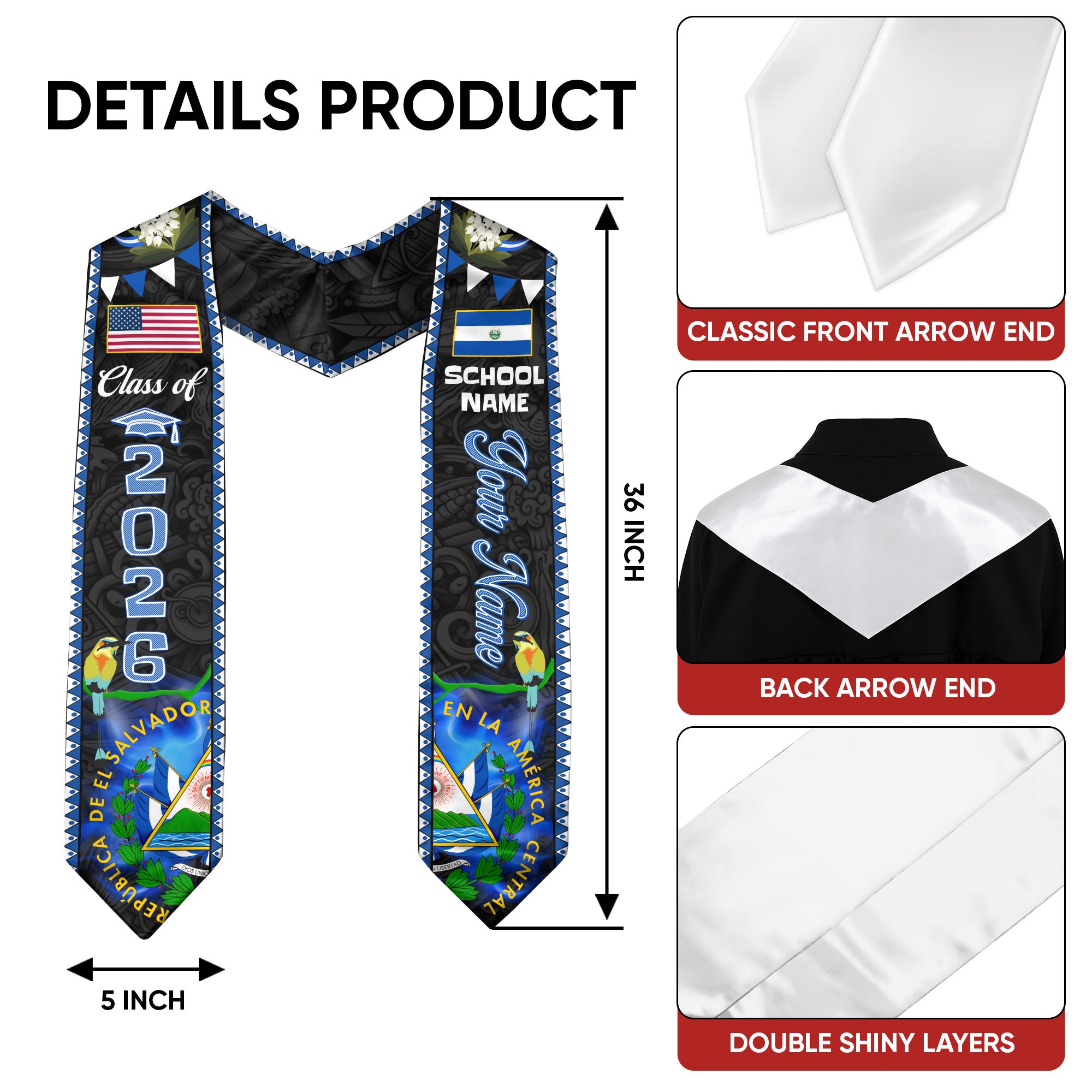 Customized El Salvador Graduation Stole, Salvadoran Flag Stole, Custom Graduation Sash 2026, Class of 2026