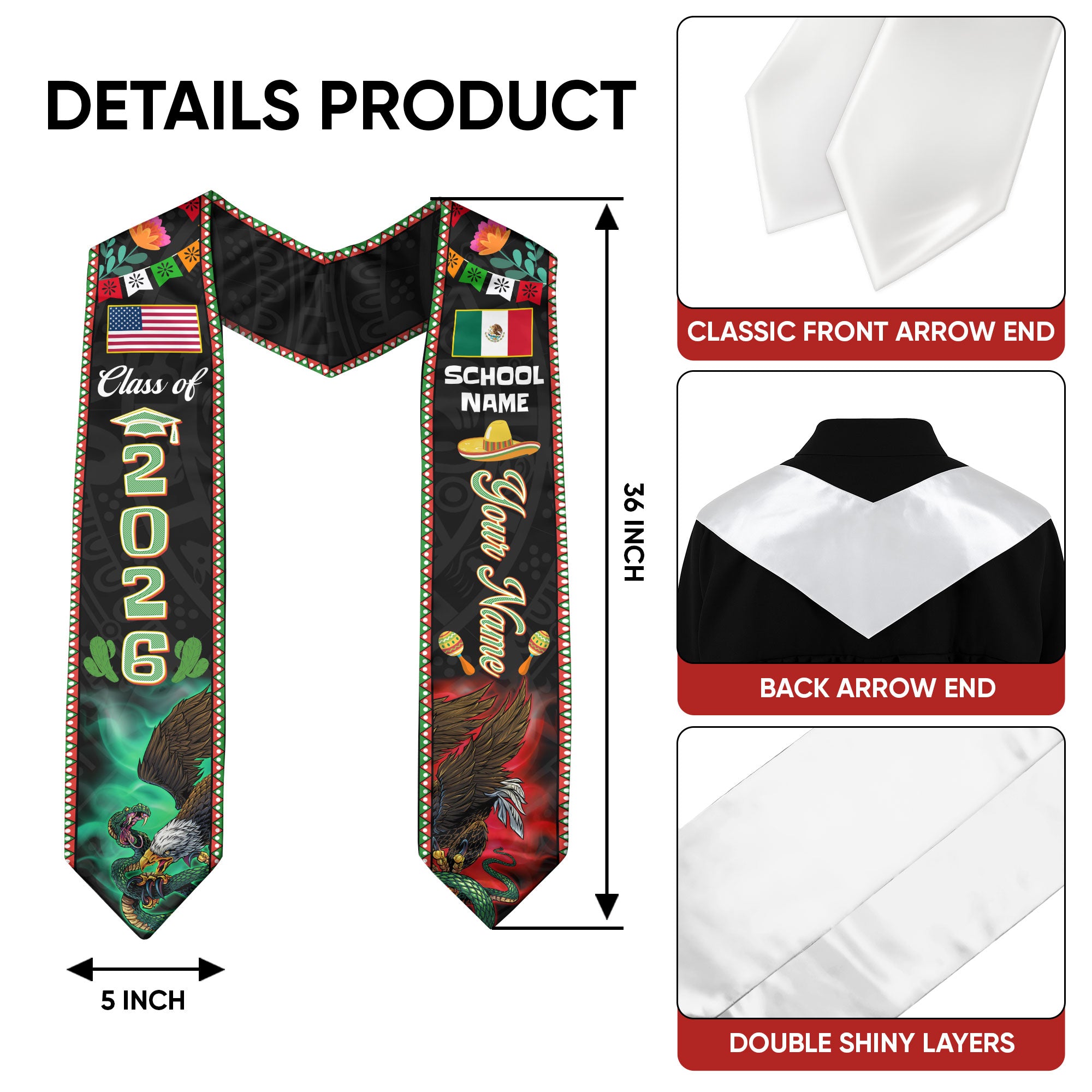 Mexico Graduation Stole 2026, Mexican Flag Sash, Add Name & Year Detail Option for Grads