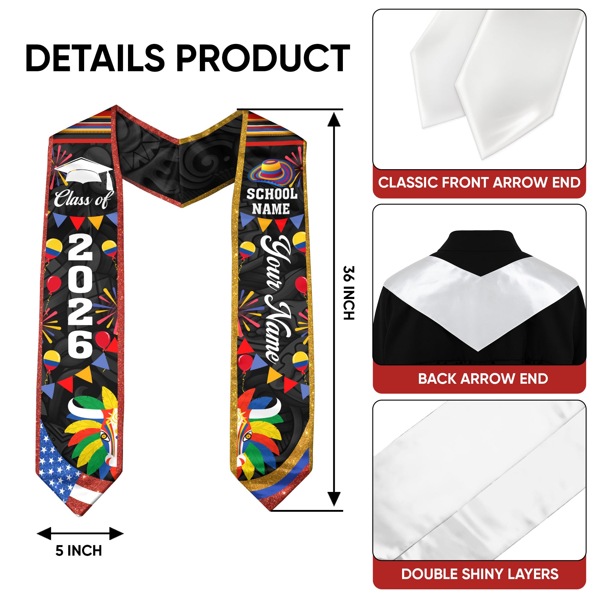 Colombian Flag Graduation Sash 2026, Colombia Graduation Stole, Custom Finish for 2026
