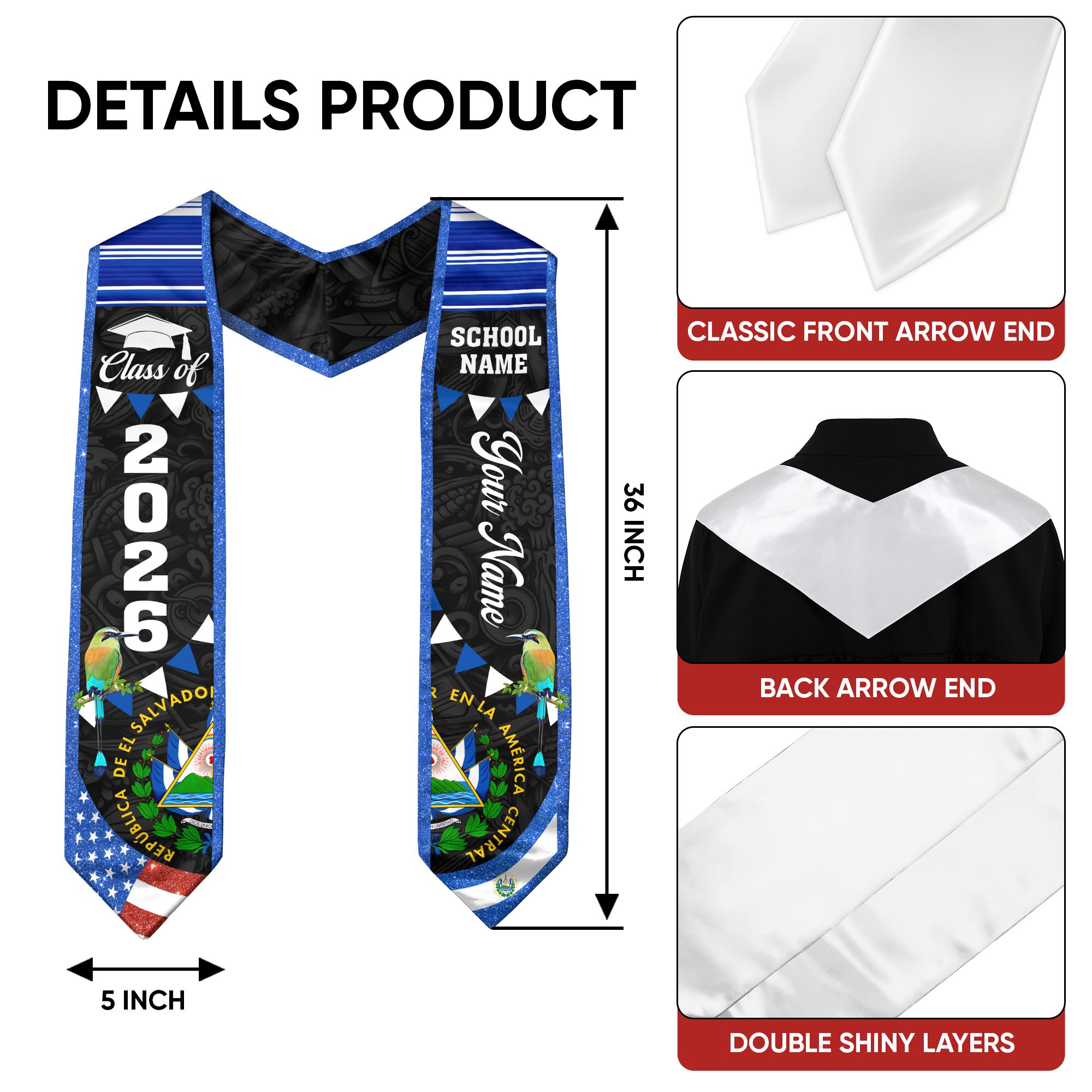 Customized El Salvador Graduation Sash, El Salvador Flag Graduation Stole, Personalized Graduation Stole 2026