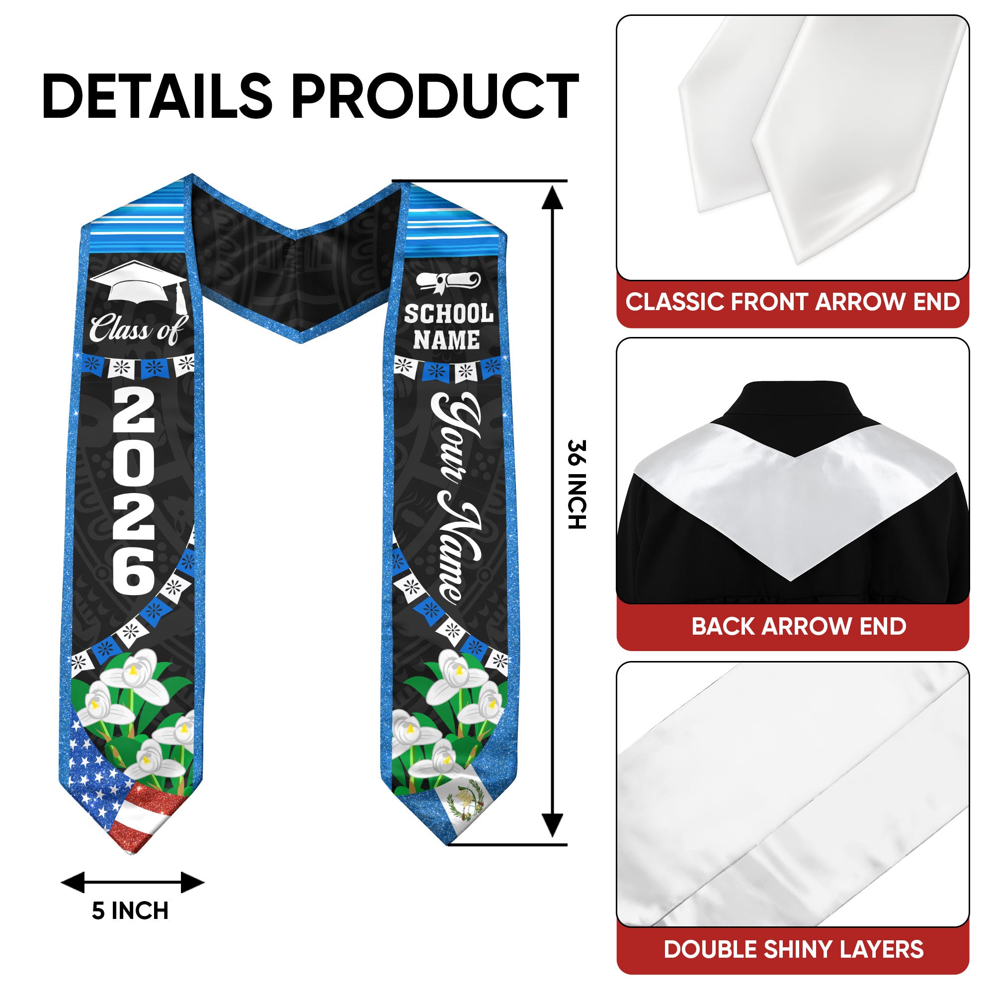 Customized Guatemala Graduation Sash, Guatemala Flag Graduation Stole, Personalized Graduation Stole 2026
